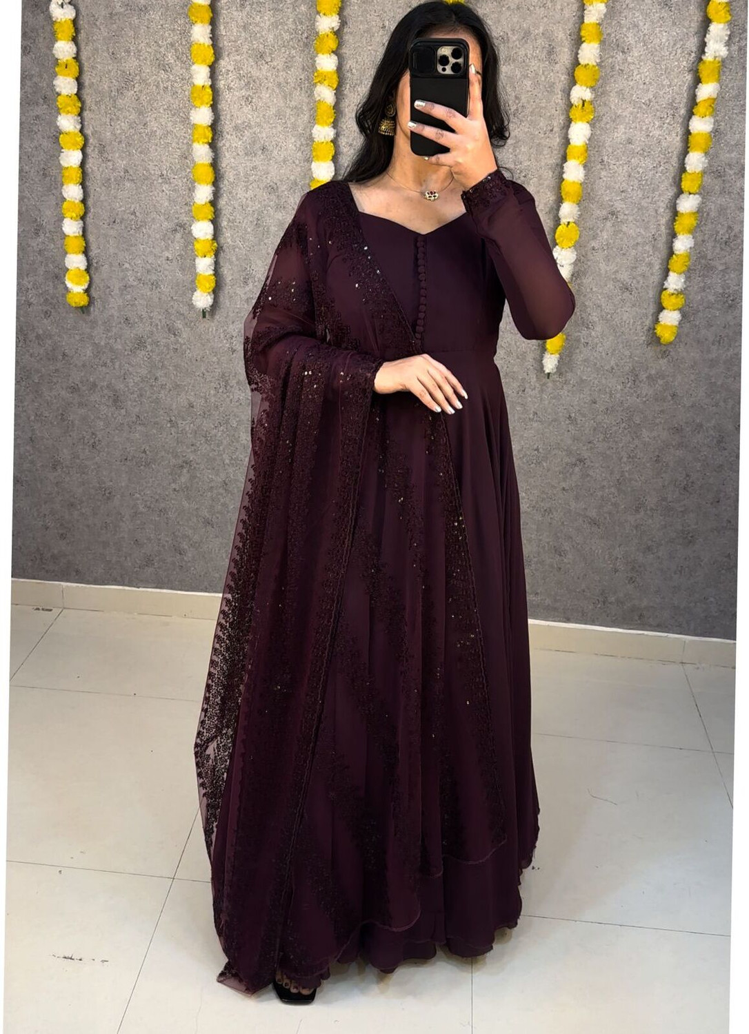 Image of jahanstylista Georgette Stitched Anarkali Gown (Maroon)