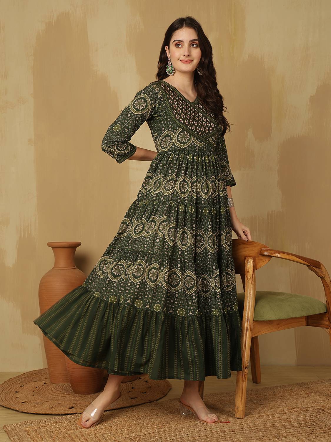 GLAM ROOTS Green Anarkali Gown