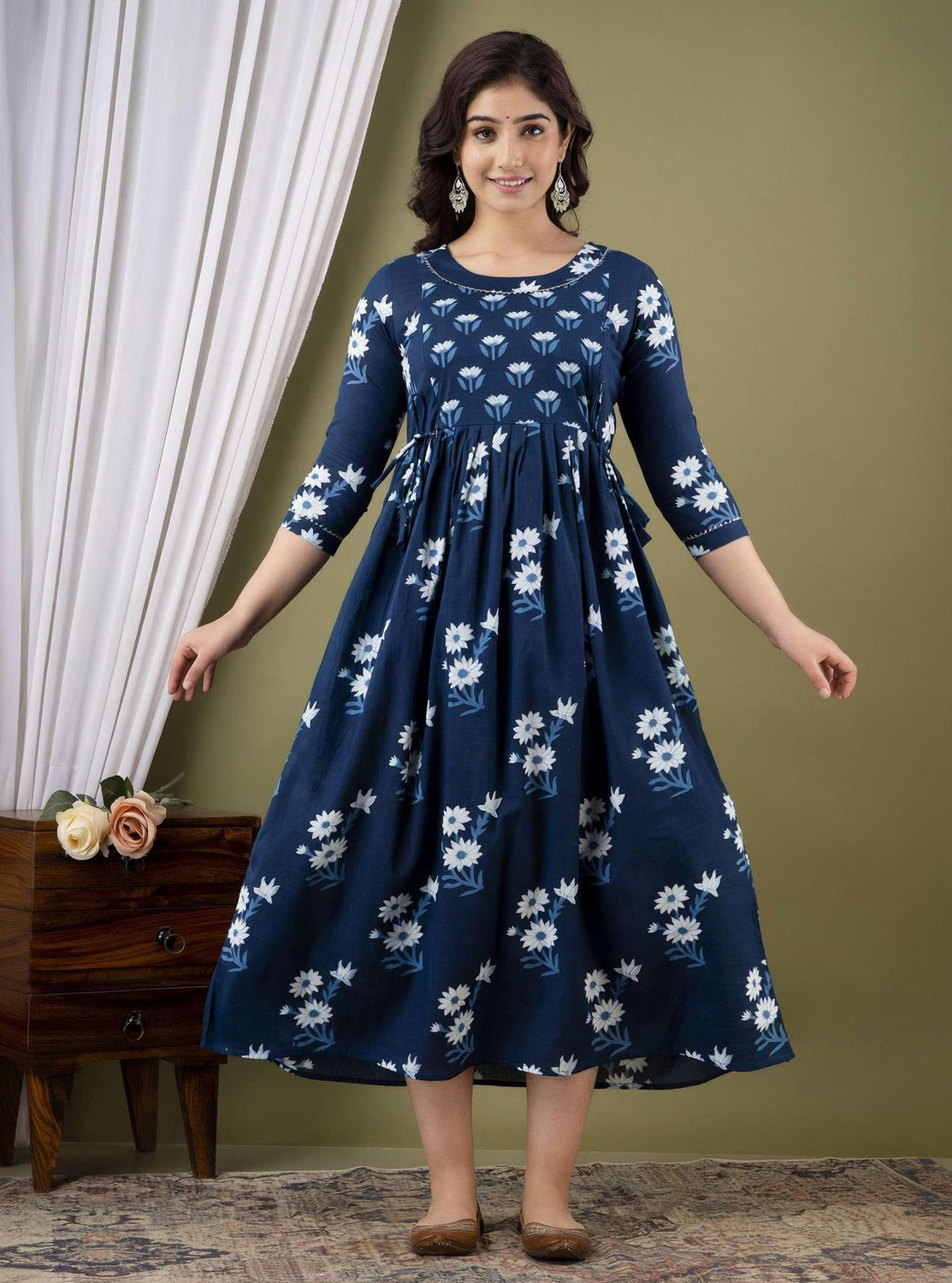 Image of Murli Kurti Women Fit and Flare Dark Blue Midi /Calf Length Dress
