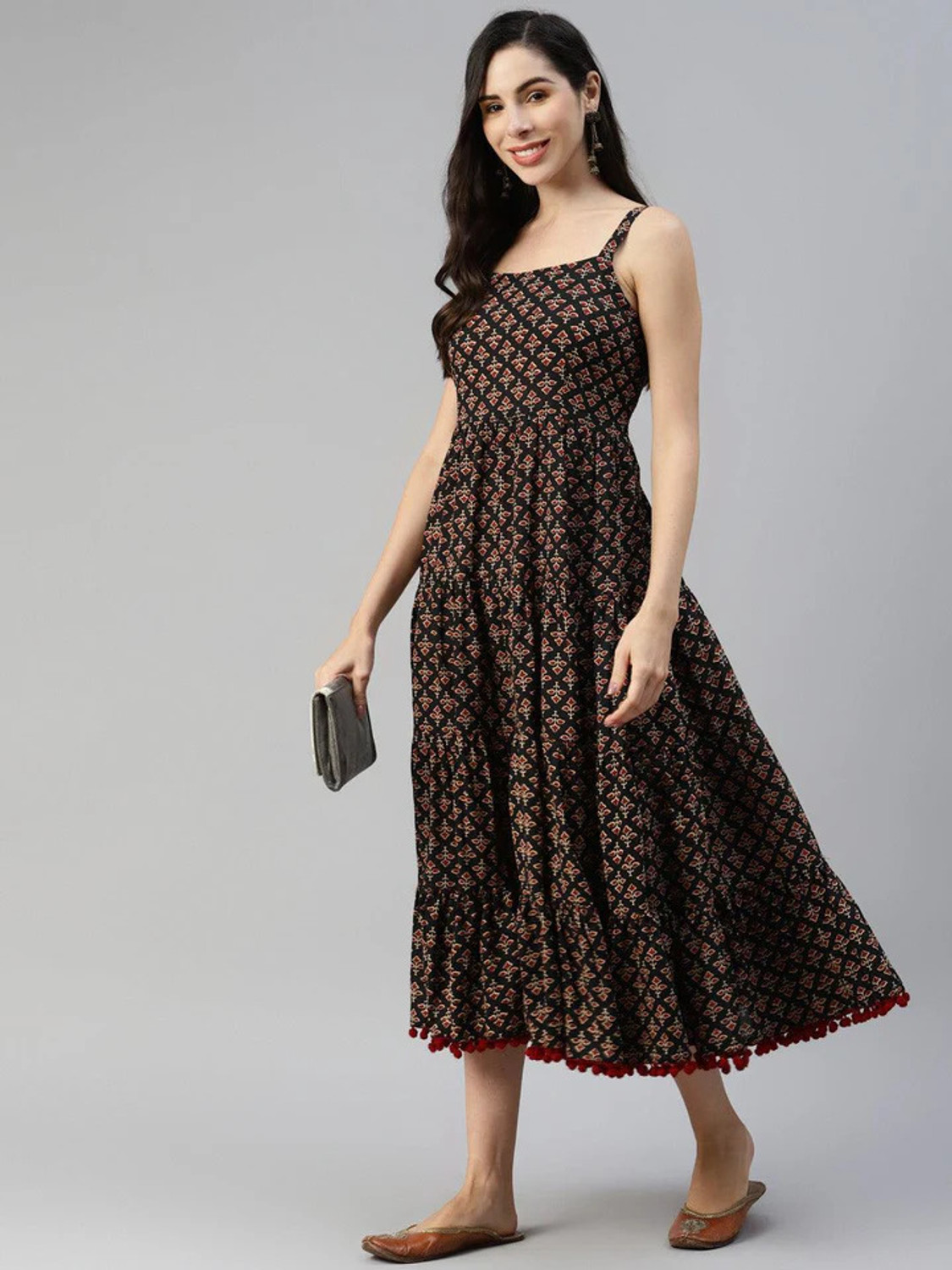 Image of RILAKE Women Fit and Flare Brown Ankle Length Dress