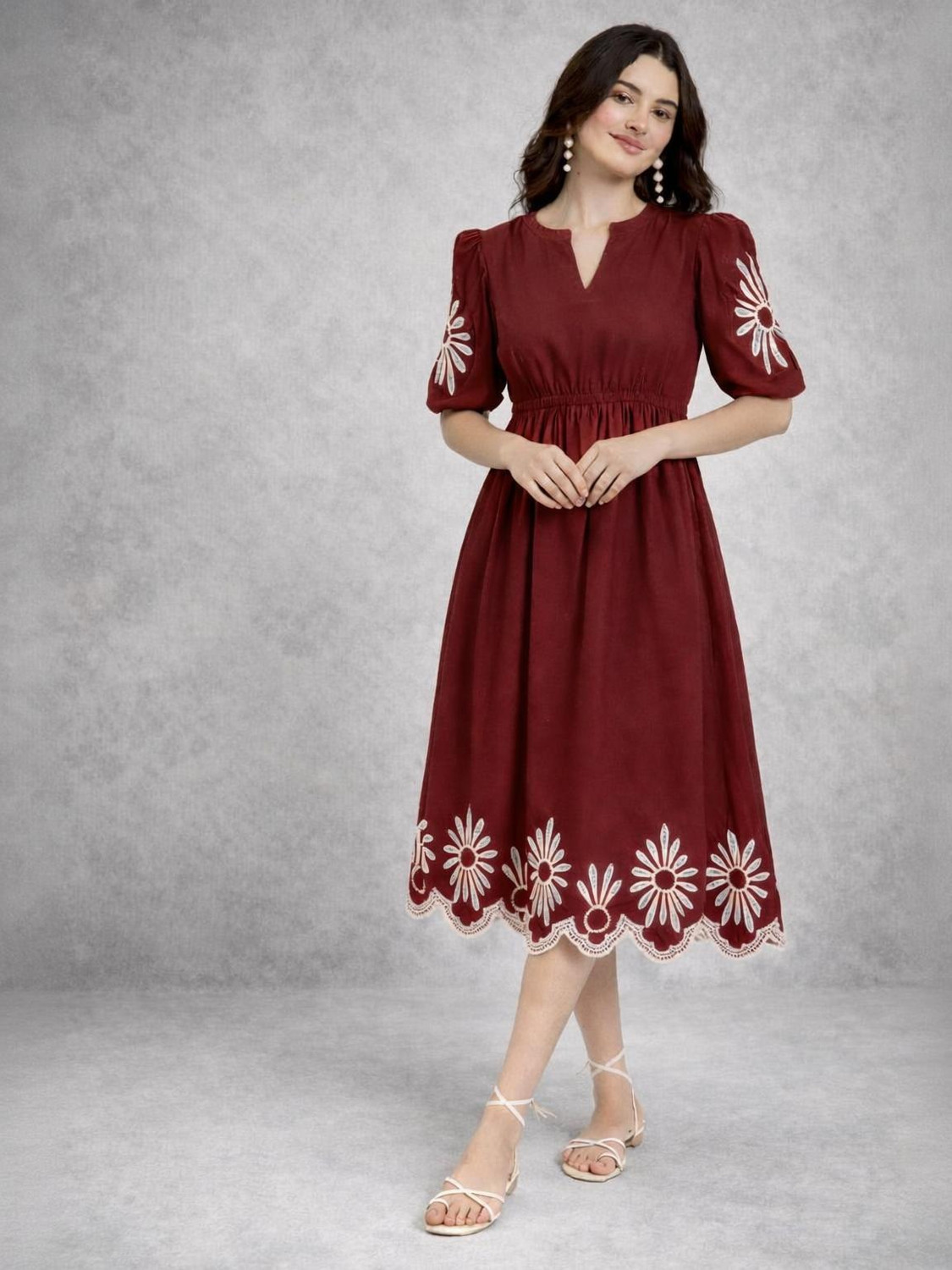 Image of tckty Women Fit and Flare Maroon Midi /Calf Length Dress