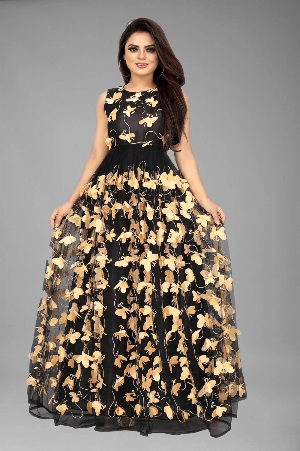 3Buddy Fashion Women Fit and Flare Black, Beige Maxi/Full Length Dress