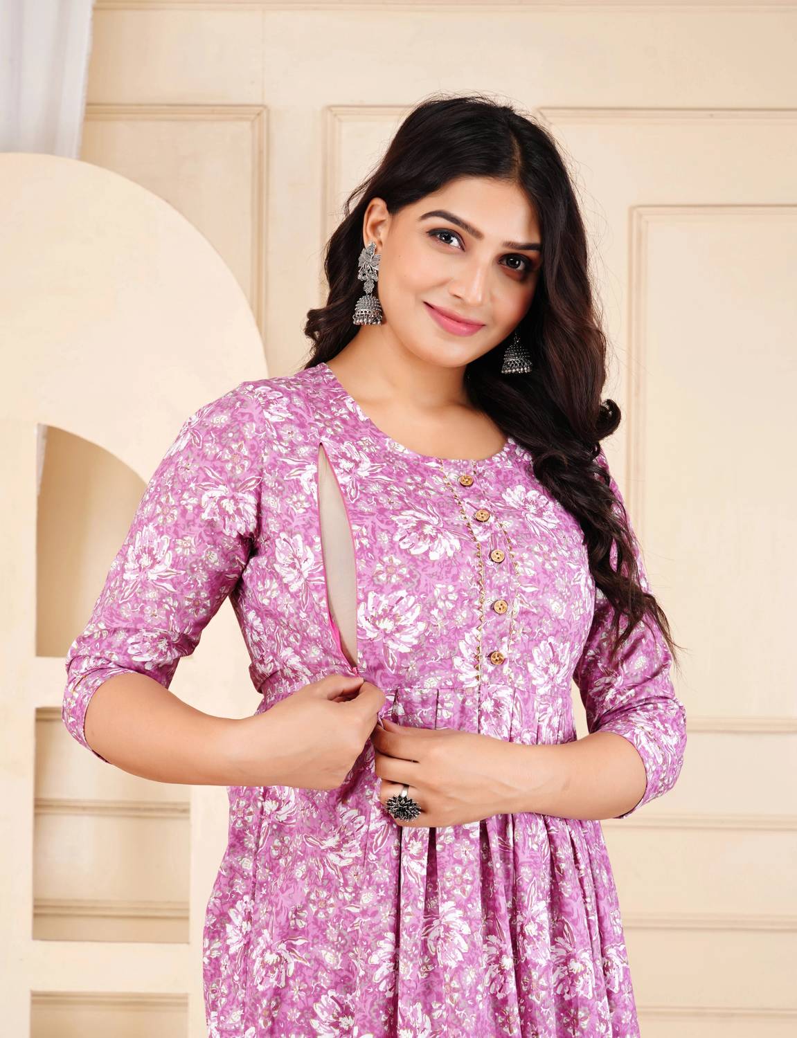 PIROKI Women Printed Pure Cotton Anarkali Kurta (Purple)