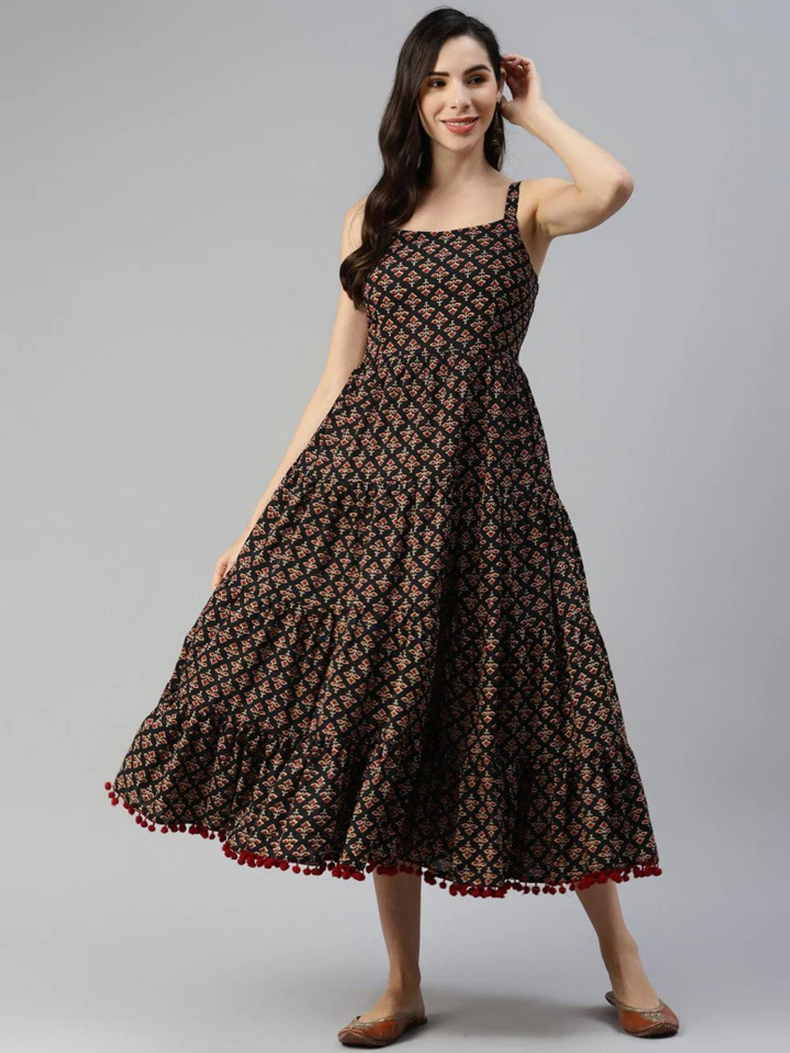 Image of RILAKE Women Fit and Flare Brown Ankle Length Dress