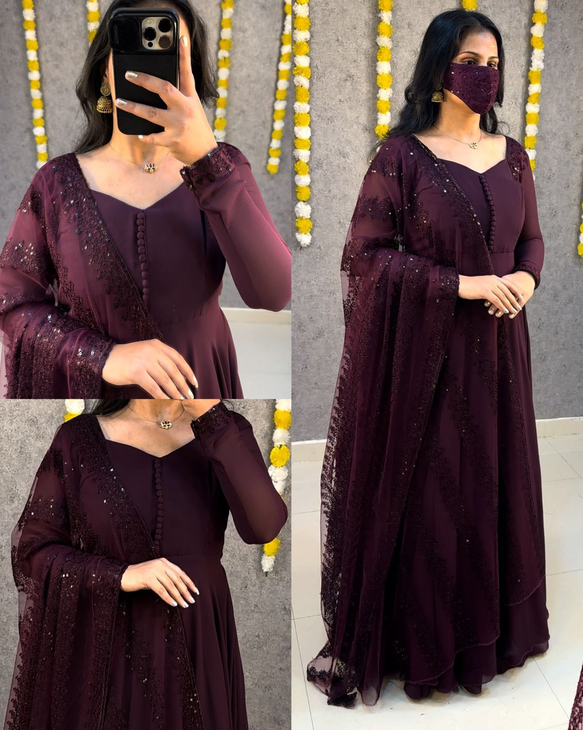 Image of jahanstylista Georgette Stitched Anarkali Gown (Maroon)