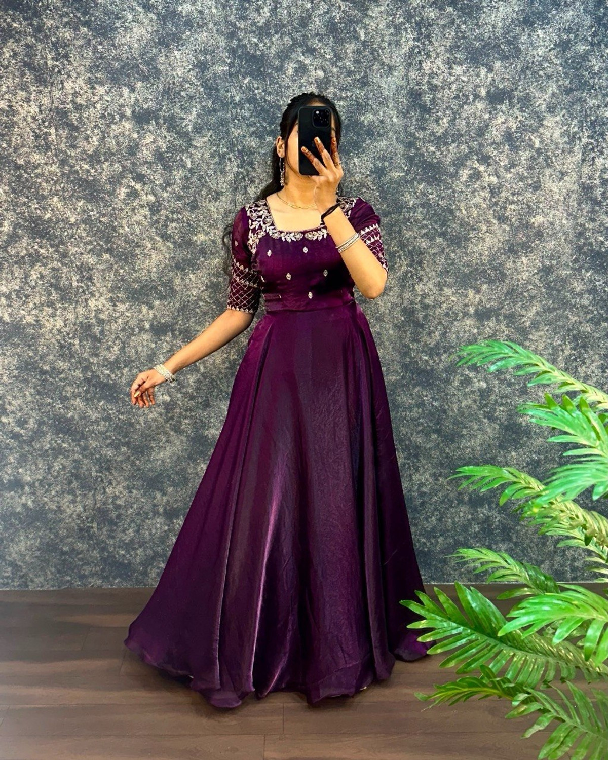Image of Grista Embroidered Silk Blend Stitched Straight Gown (Purple)