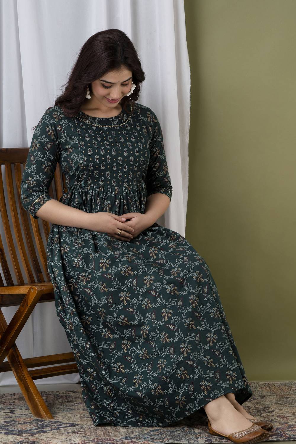 Madfury Women Printed Pure Cotton Anarkali Kurta (Green)