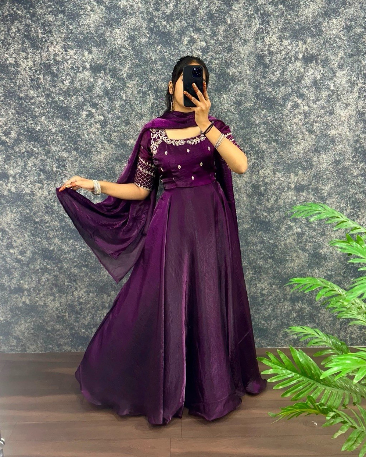 Image of Grista Embroidered Silk Blend Stitched Straight Gown (Purple)