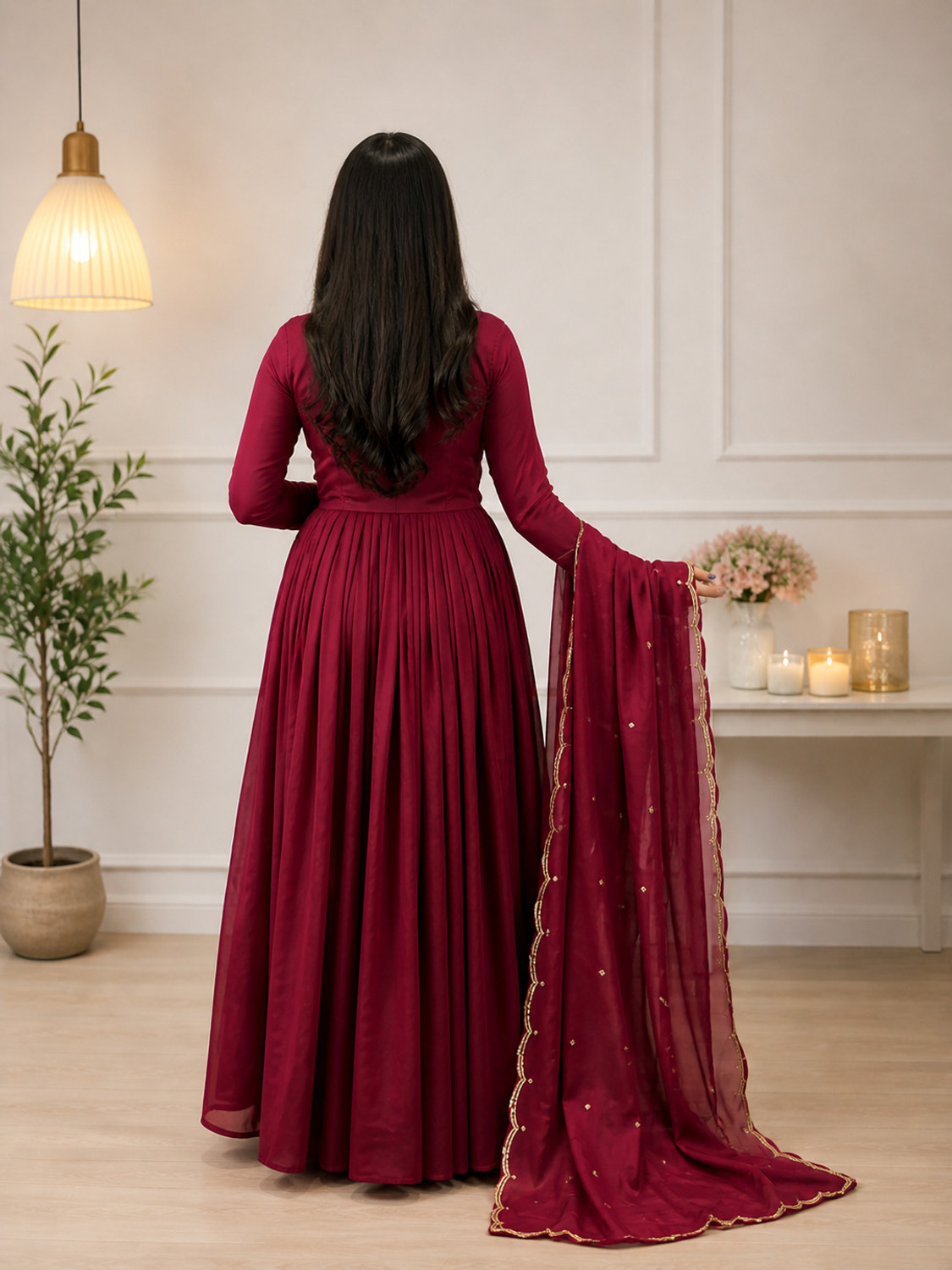 Image of KHODIYARCLOTHES Embellished, Solid Art Silk Stitched Anarkali Gown (Maroon)