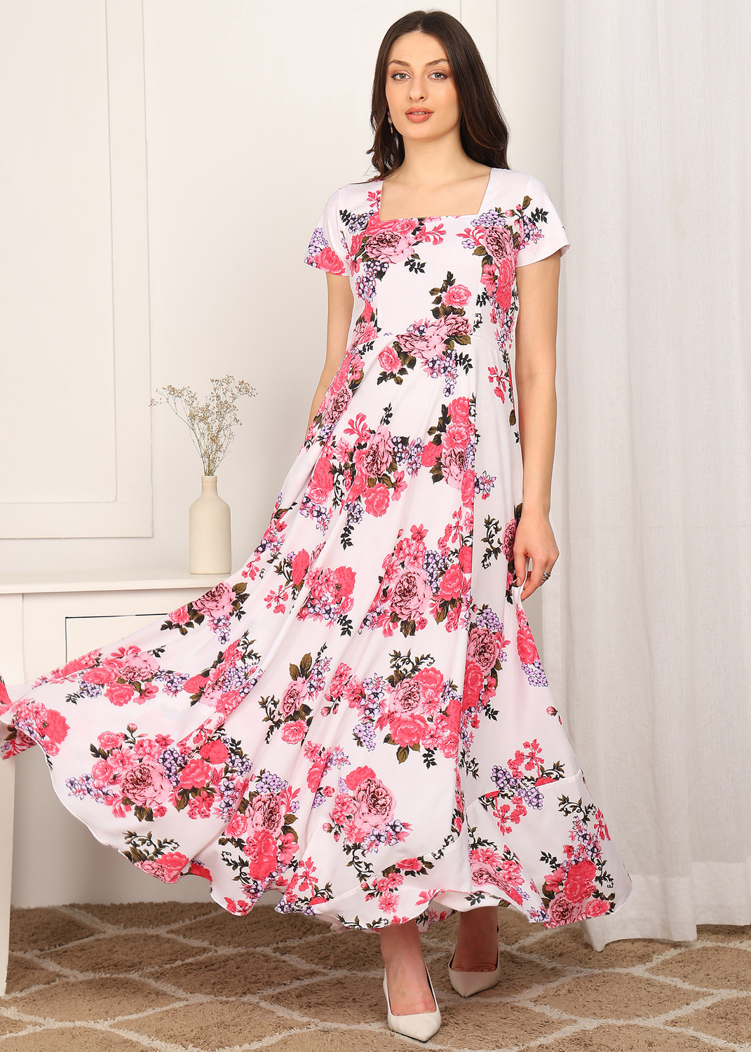 Image of ShopGlobal Women Fit and Flare White Maxi /Full Length Dress