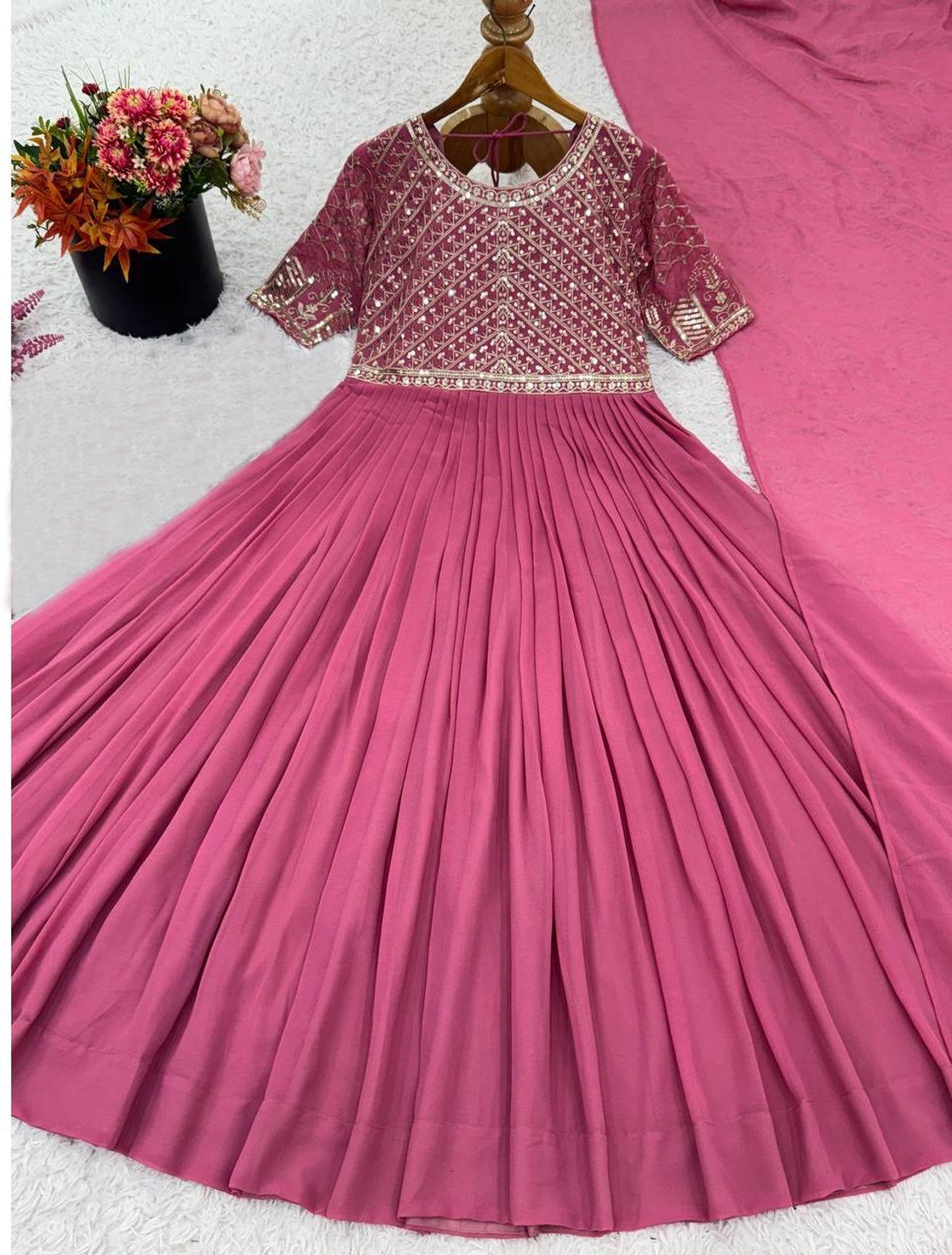 Image of ANZU Embroidered, Embellished Georgette Stitched Anarkali Gown (Pink)
