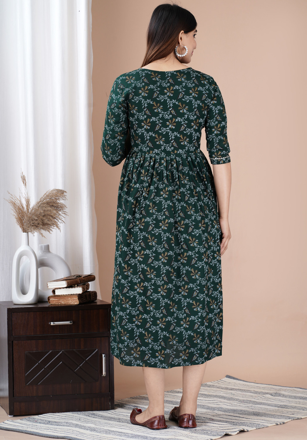 Image of Fashion4Word Women Fit and Flare Dark Green Midi /Calf Length Dress