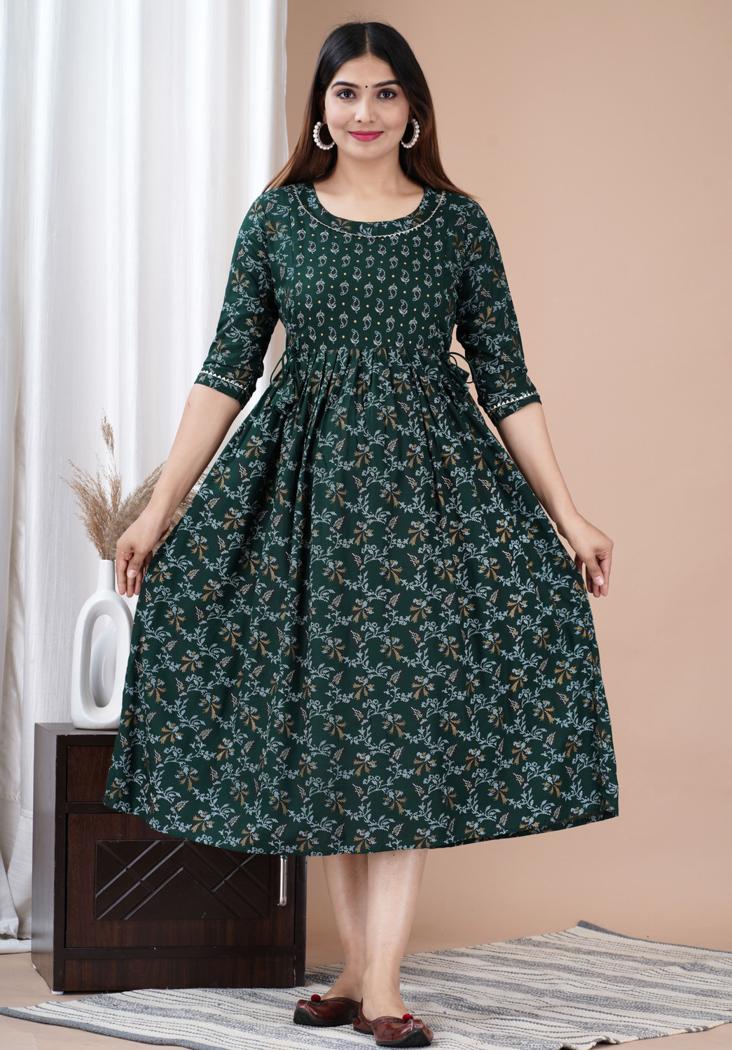 Image of Fashion4Word Women Fit and Flare Dark Green Midi /Calf Length Dress