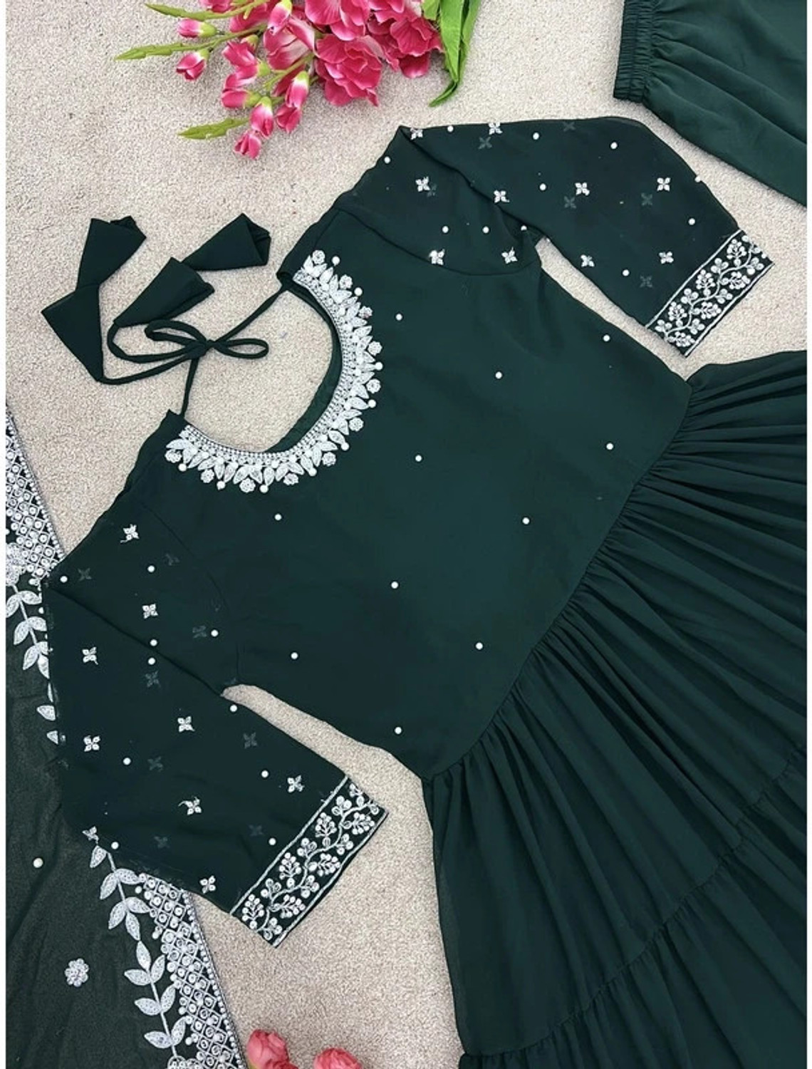 Image of GRISHU COLLECTION Solid Anarkali Kurta, Bottom & Dupatta Set