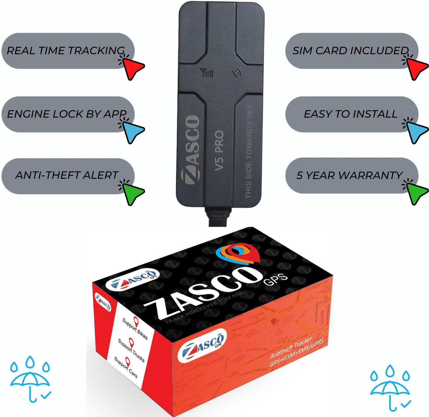 Image of ZASCO V5 Pro Tracker For Car /Bikes lock /real time Tracking (Water and Dust-Proof) GPS Device