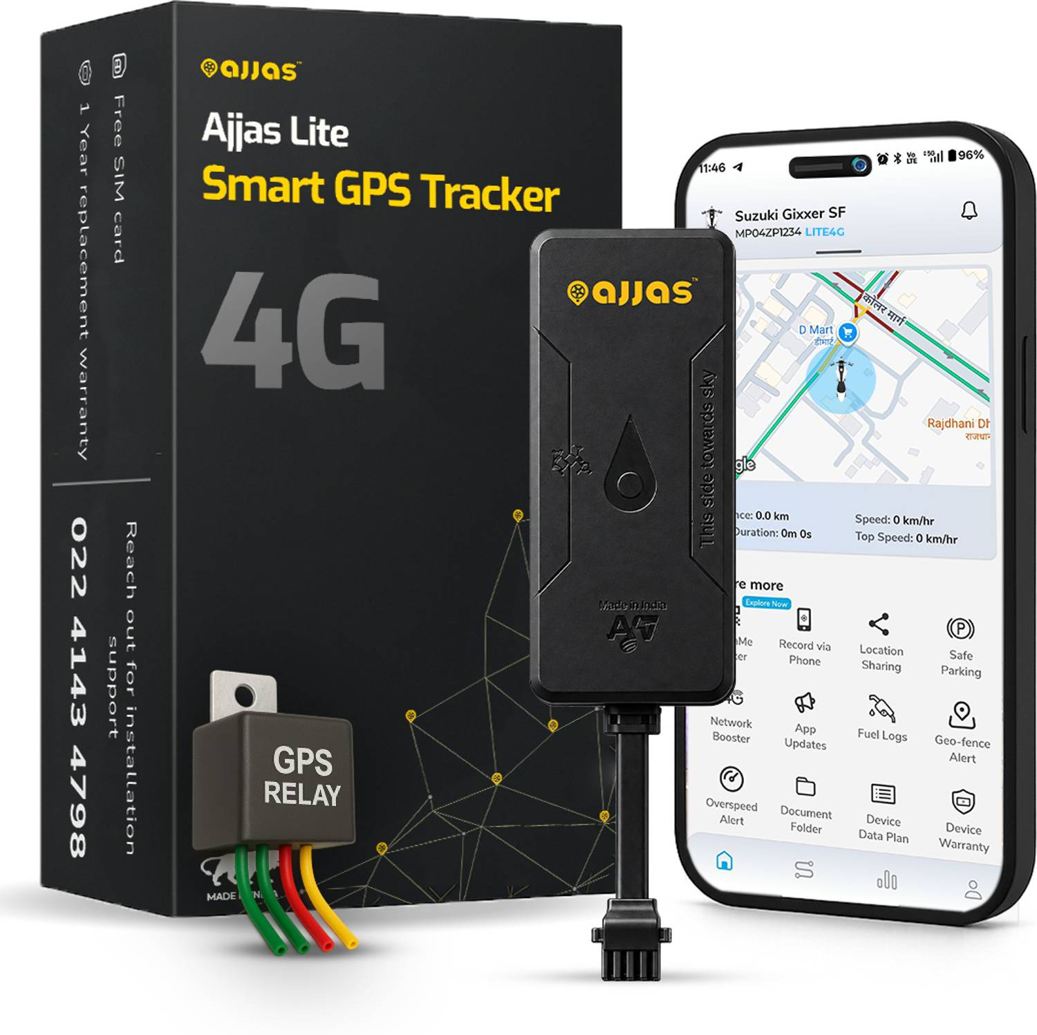 Ajjas Lite - Wired Tracker with Remote Engine Lock for Car, Bike, Truck, Bus GPS Device