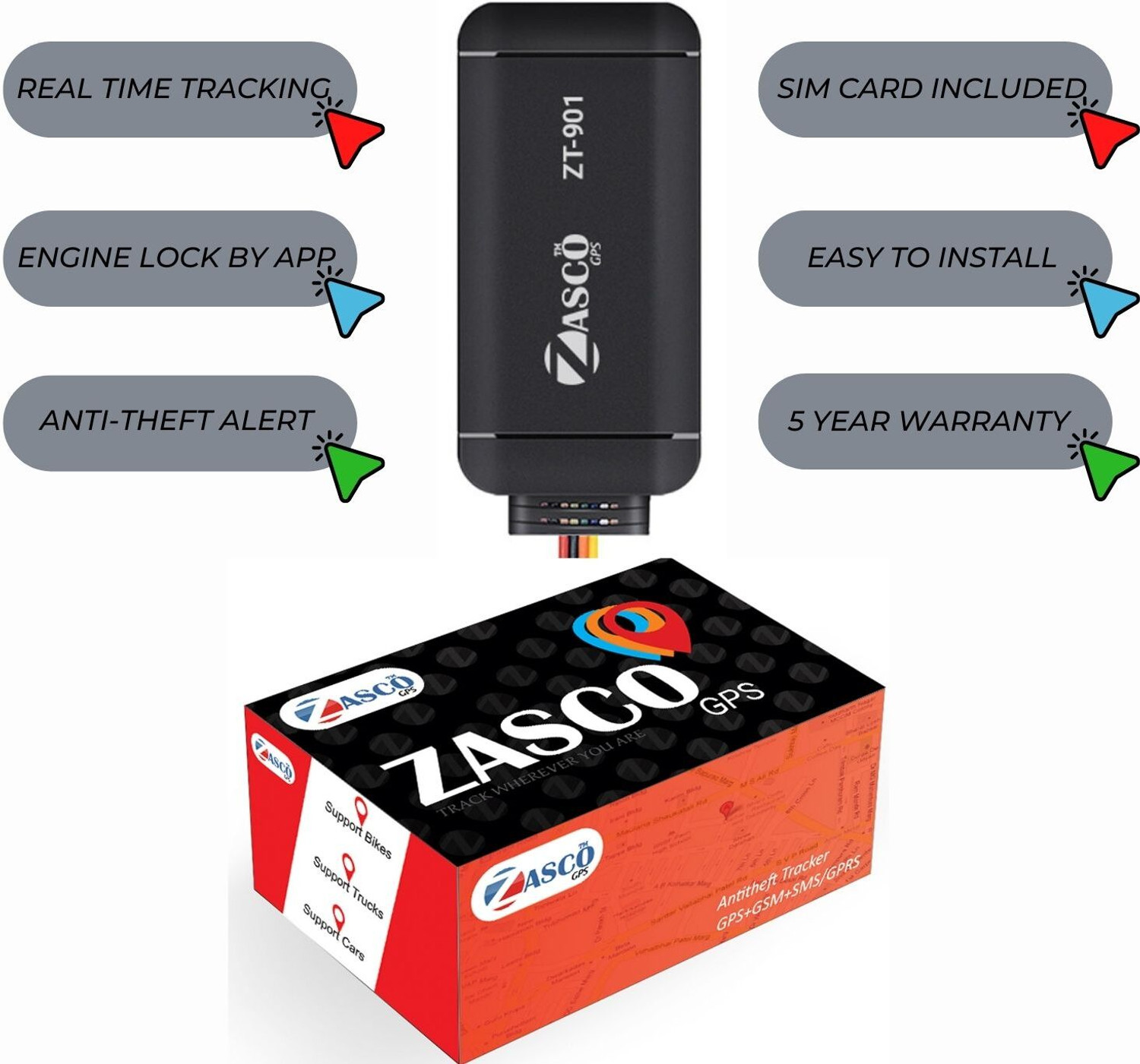 Image of ZASCO ZT-901 (Water-Proof With Inbuilt Battery Model) For Car Bike Truck and Suv anti-theft GPS Device Tracker GPS Device