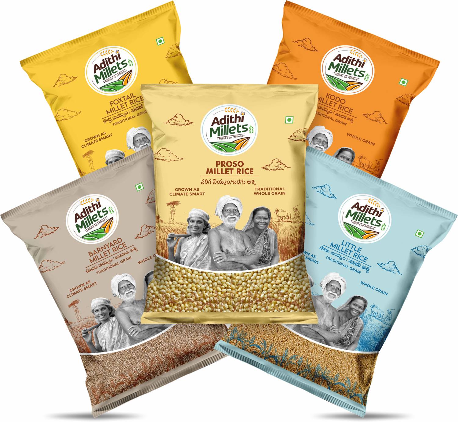 Adithi Millets Siridhanya Unpolished ORGANIC Foxtail/Kodo/Little/Barnrad/ PROSO(500gm*5Pack) Mixed Millet