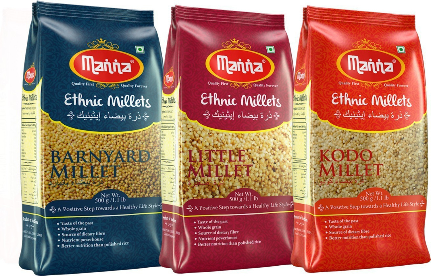 Image of Manna Millets 1.5kg - Natural Grains Combo Pack of 3 | Kodo 500g, Barnyard 500g, Little 500g | Nutrient Powerhouse, High Protein & 100% More Fibre Than Rice Mixed Millet