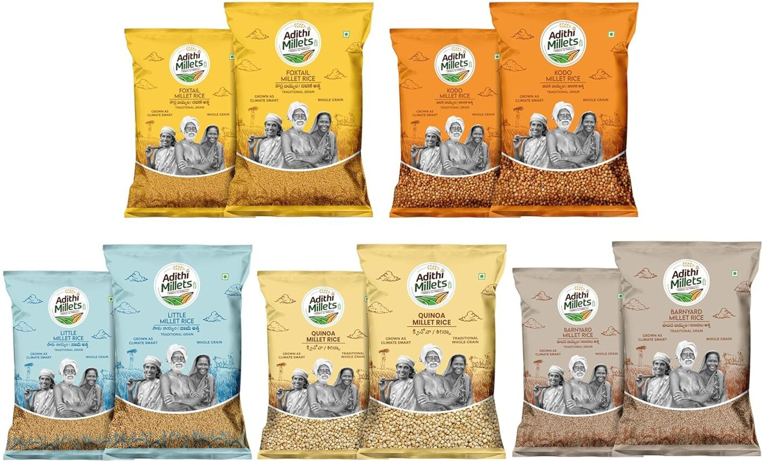 Image of Adithi Millets Siridhanya Unpolished ORGANIC Foxtail /Kodo /Little /Barnyard / QUINOA 5Kg Mixed Millet