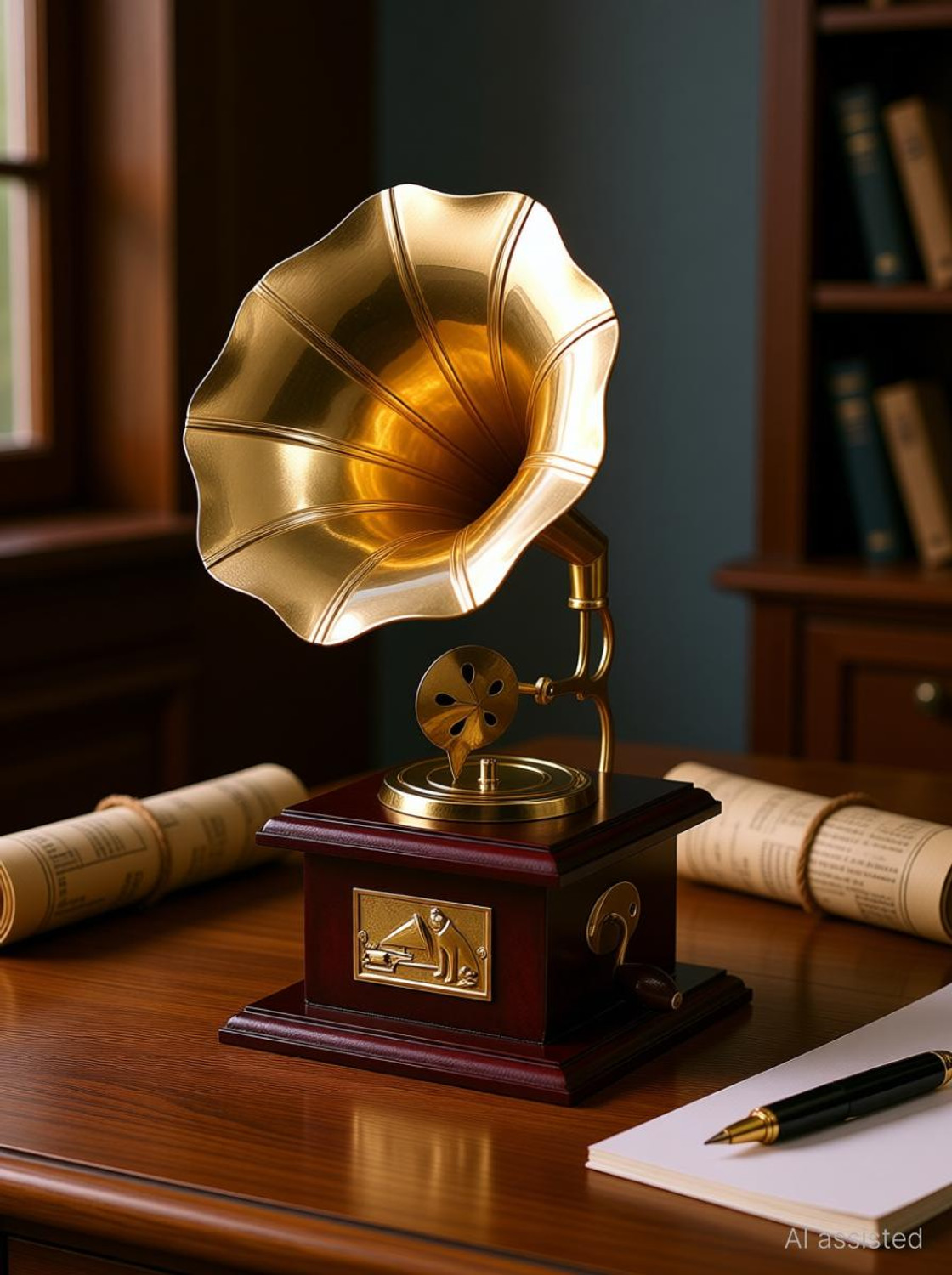 Image of ARTIFACTS Gramophone Showpiece Vintage Retro Antique Collectible Brass, Wooden Gramophone