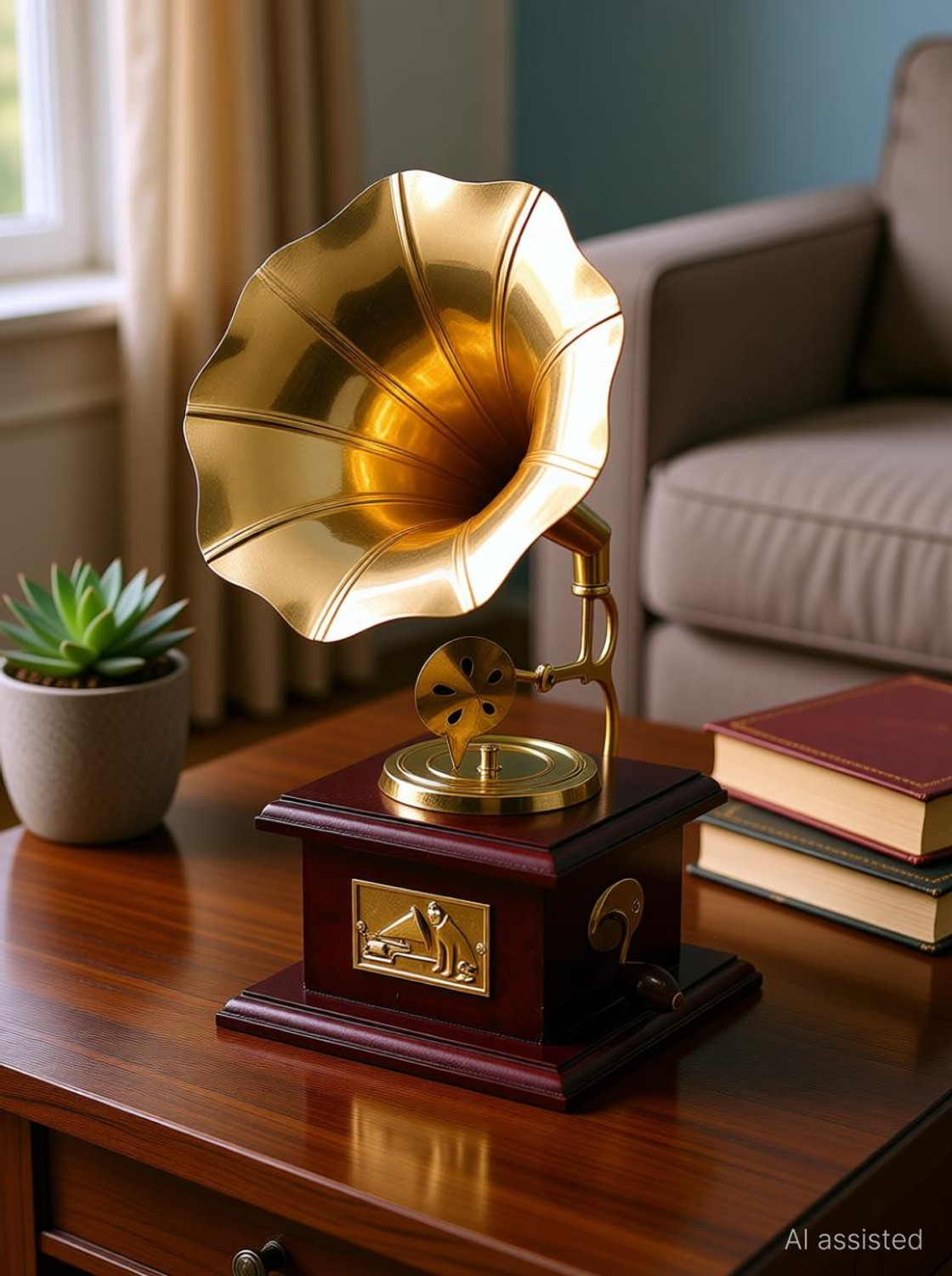Image of ARTIFACTS Gramophone Showpiece Vintage Retro Antique Collectible Brass, Wooden Gramophone