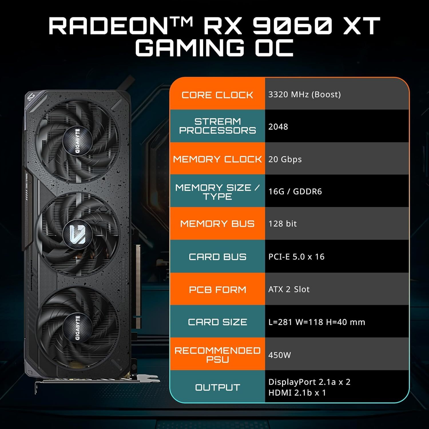 Image of GIGABYTE 9060xt gaming oc GDDR6 16 GB AMD Radeon Chipset 127 bit 3120 MHz Graphics Card