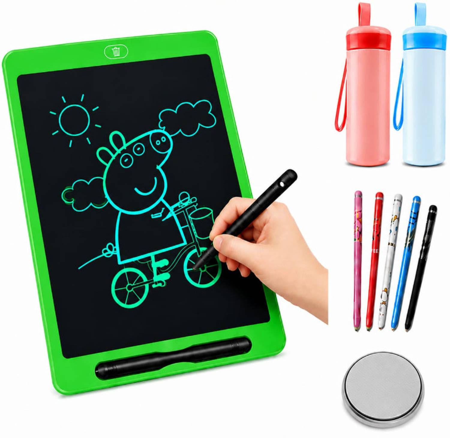 GETWELL LCD Writing Pad_Combo 2Bottle+5Pen+1Battery_Pink LCD Writing Tablet Combo | 2 Bottles, 5 Pens & 1 Battery | Kids Writing Pad 8.5 x 11 inch Graphics Tablet Connectivity - Wireless