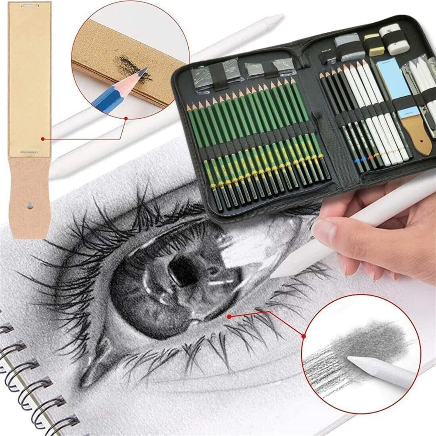 Image of PEACORA 42 Pcs Sketching and Drawing Professional Art Tool Kit with Zippered Carry Case Pencil