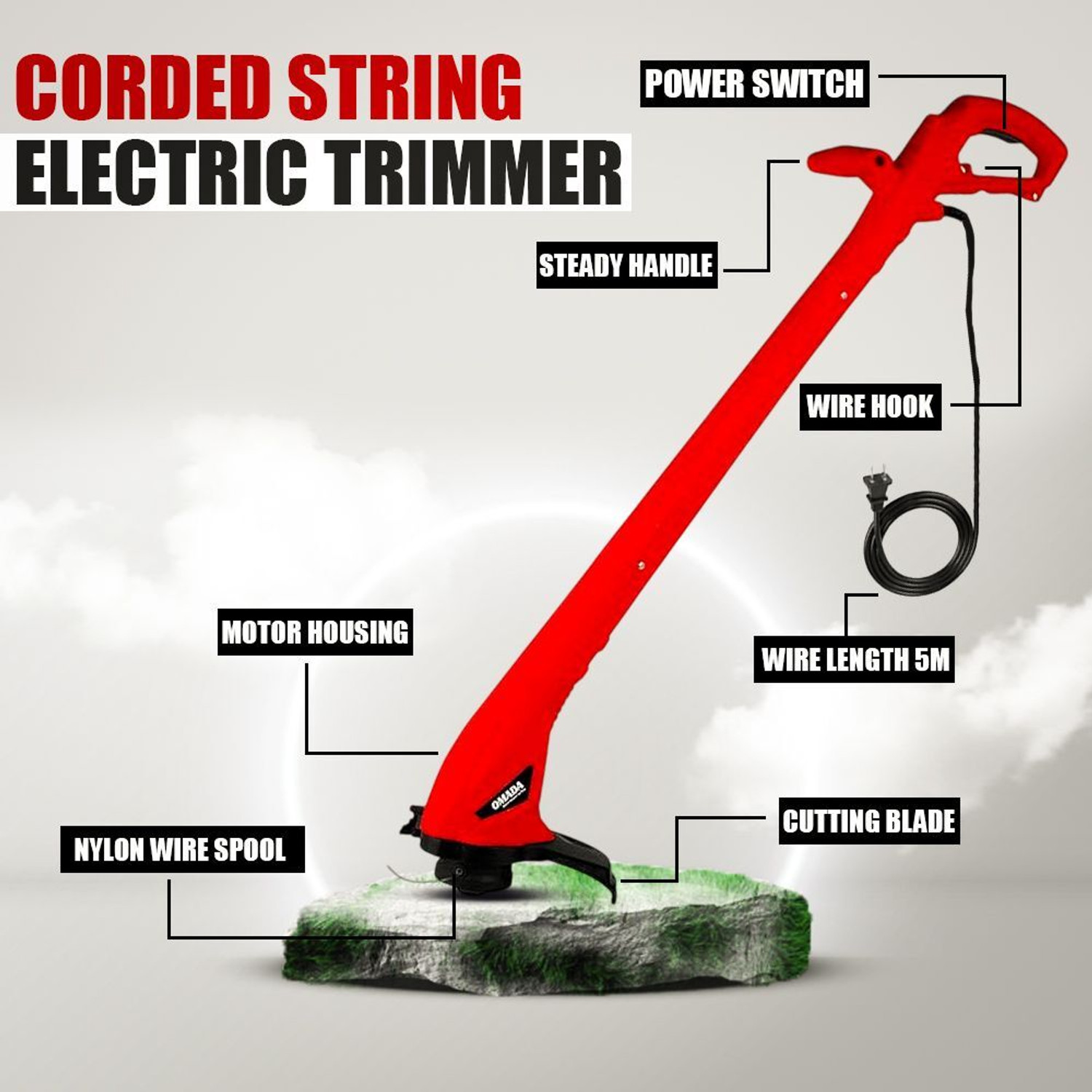 Image of Omada 250W Corded Electric String Trimmer /Grass Trimmer with 5m Cable Length 12500RPM Corded Grass Trimmer