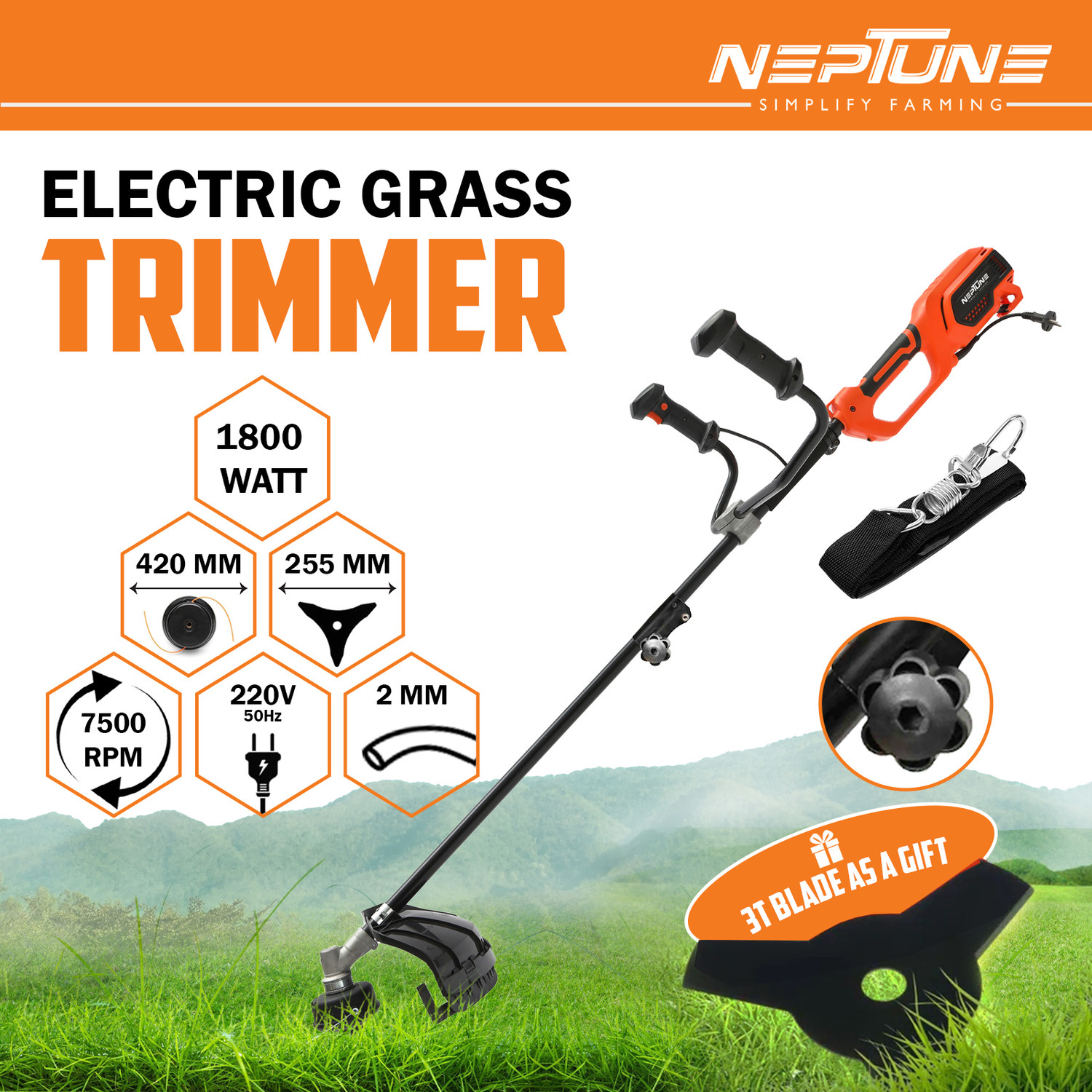 Image of Neptune BC-1800E 2 in 1 Corded Electric Portable Brush Cutter 1800W, 7500RPM 2Type Blade Corded Grass Trimmer