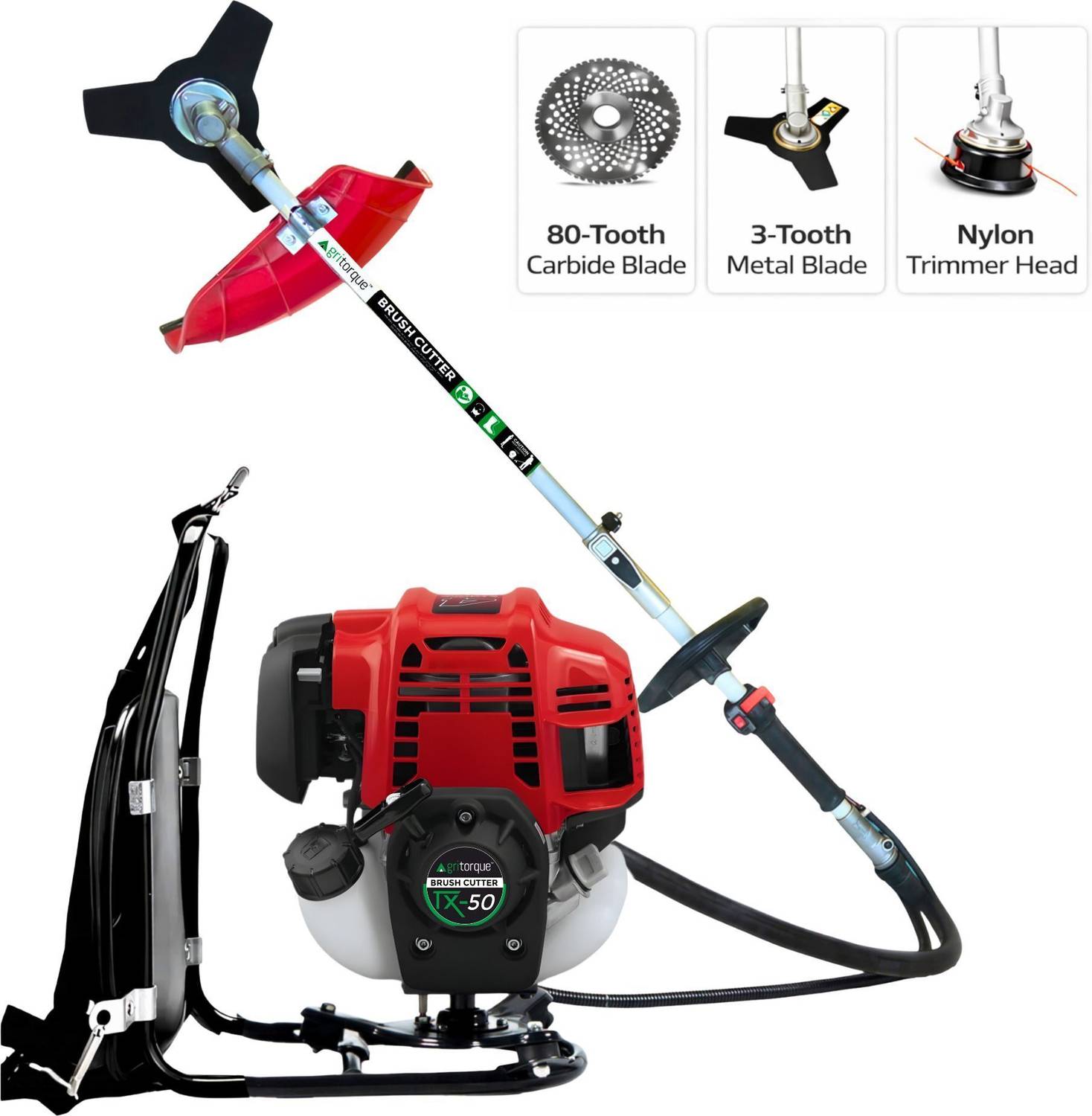 Agritorque TX-50 50cc 4-Stroke Backpack Brush Cutter with 80T, 3T & Tap & Go Blades Fuel Grass Trimmer