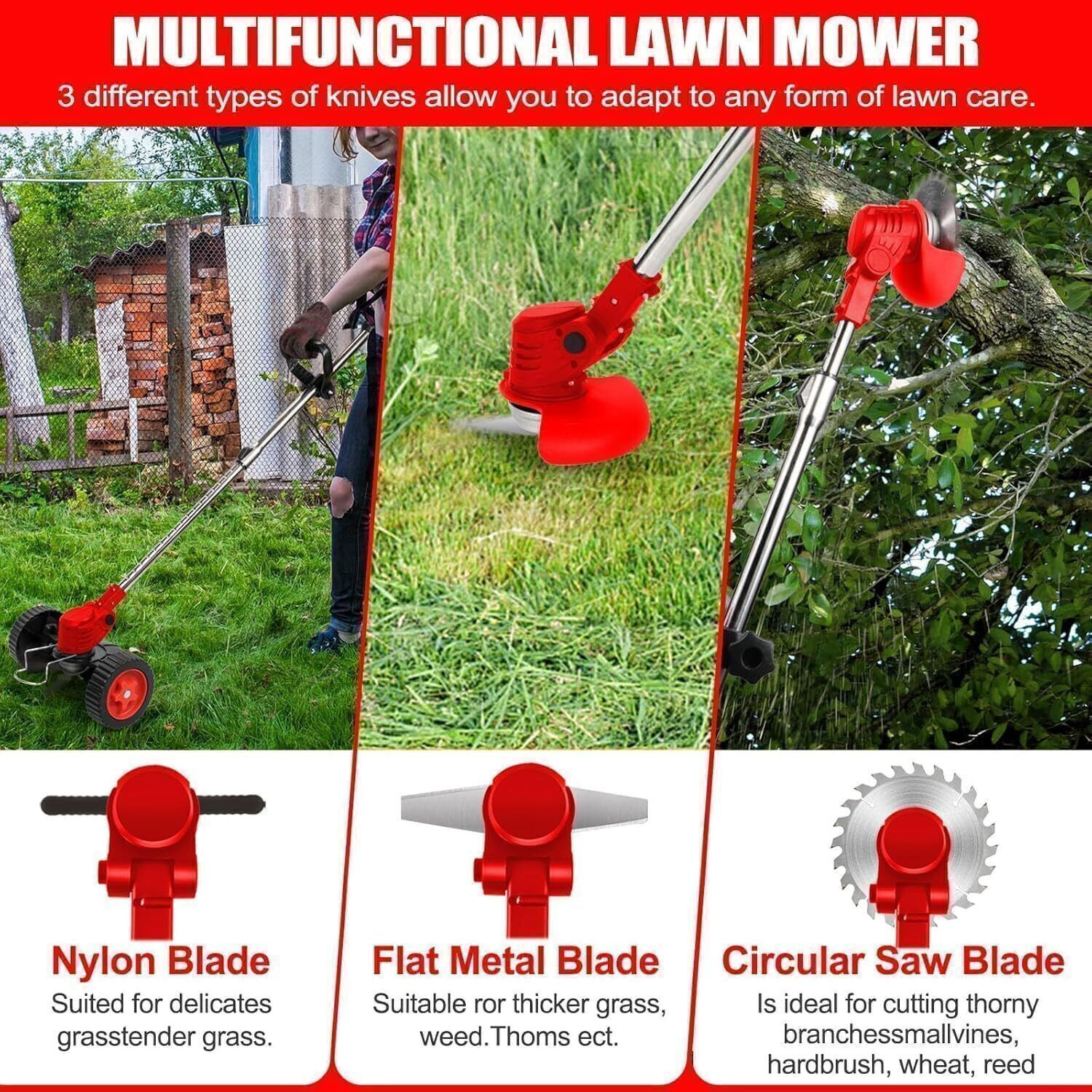 Image of SHOPOGENIX Electric Grass Cutter Stringless Weed Eater,8 Types Blades (48v*2) Battries Cordless Grass Trimmer