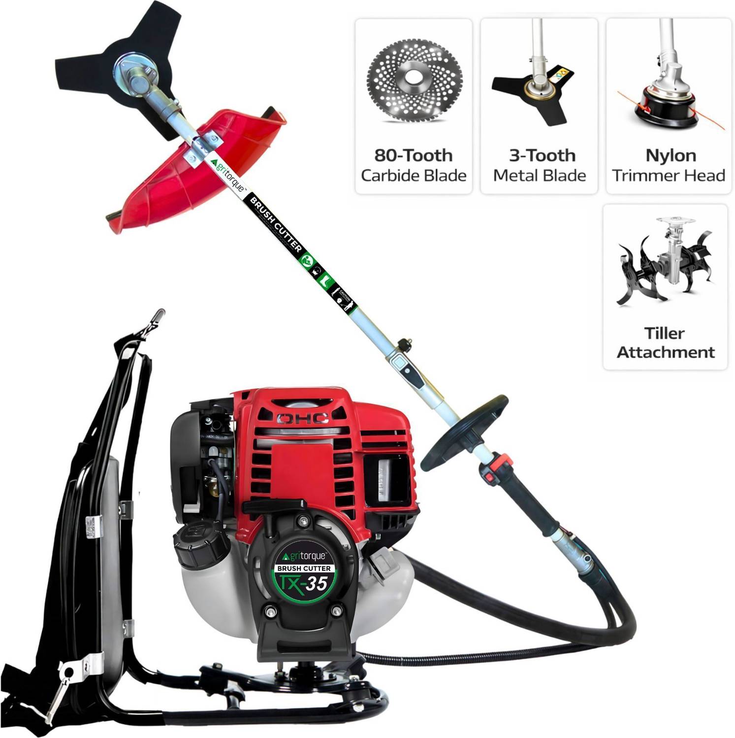 Agritorque TX-35 35cc 4-Stroke Backpack Brush Cutter with 80T, 3T & Tiller Blades Fuel Grass Trimmer