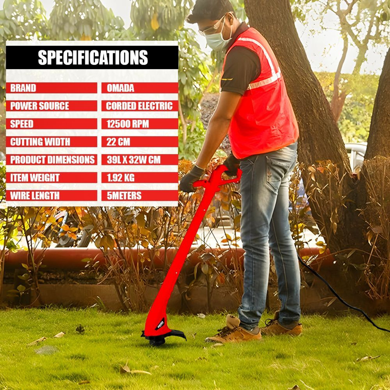 Image of Omada 250W Corded Electric String Trimmer /Grass Trimmer with 5m Cable Length 12500RPM Corded Grass Trimmer