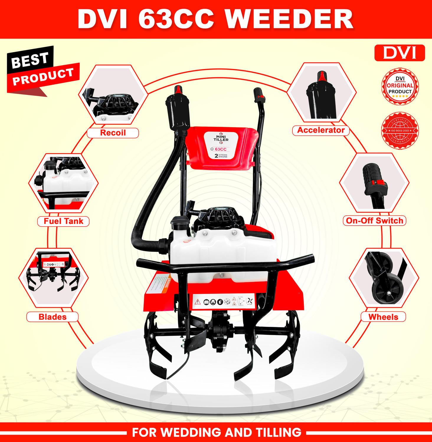 Image of DVI 63CC MINI POWER TILLER /CULTIVATOR FOR WEEDING IN FARMS AND AGRICULTURE Fuel Grass Trimmer