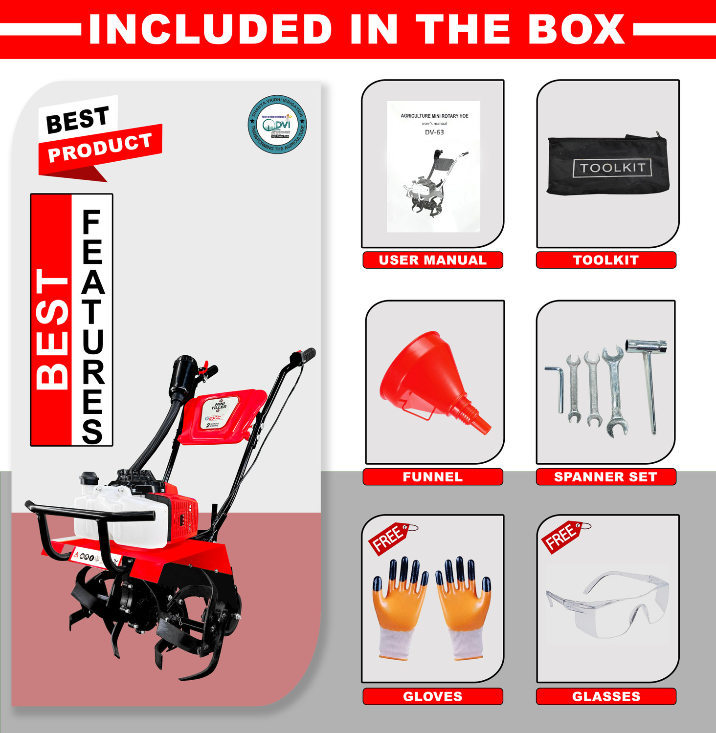 Image of DVI 63CC MINI POWER TILLER /CULTIVATOR FOR WEEDING IN FARMS AND AGRICULTURE Fuel Grass Trimmer