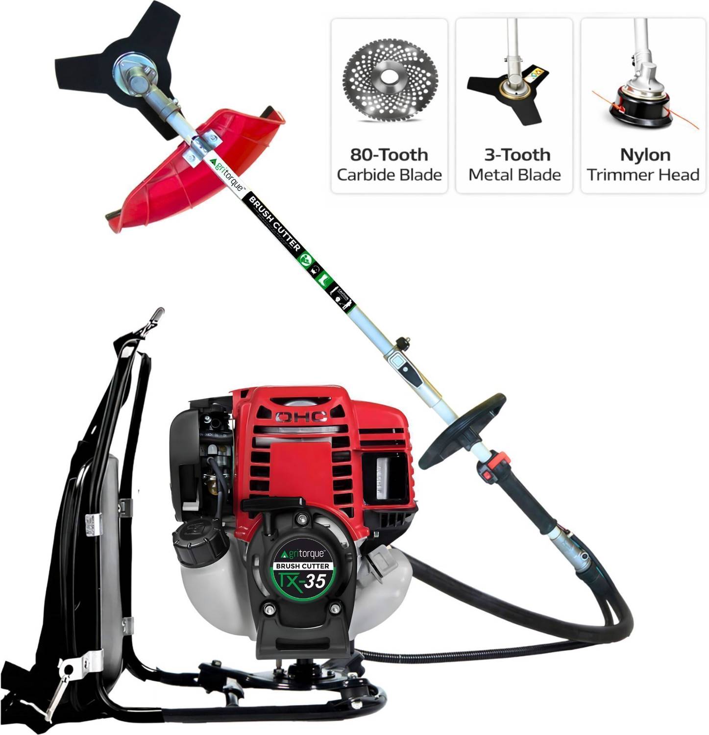 Agritorque TX-35 35cc 4-Stroke Backpack Brush Cutter with 80T, 3T & Tap & Go Blades Fuel Grass Trimmer