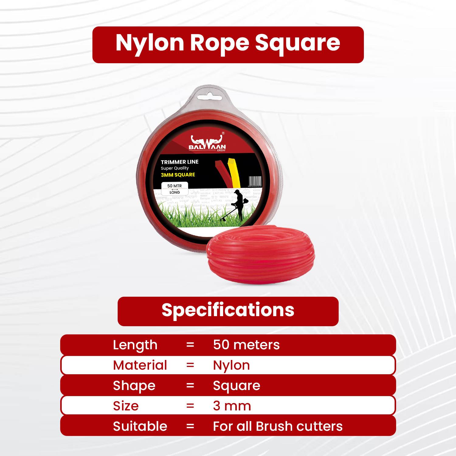 Balwaan Krishi RED Trimmer Line 3mm 50mtr Square For All Type of Brush Cutter Nylon Rope Pack 2 Cordless Grass Trimmer