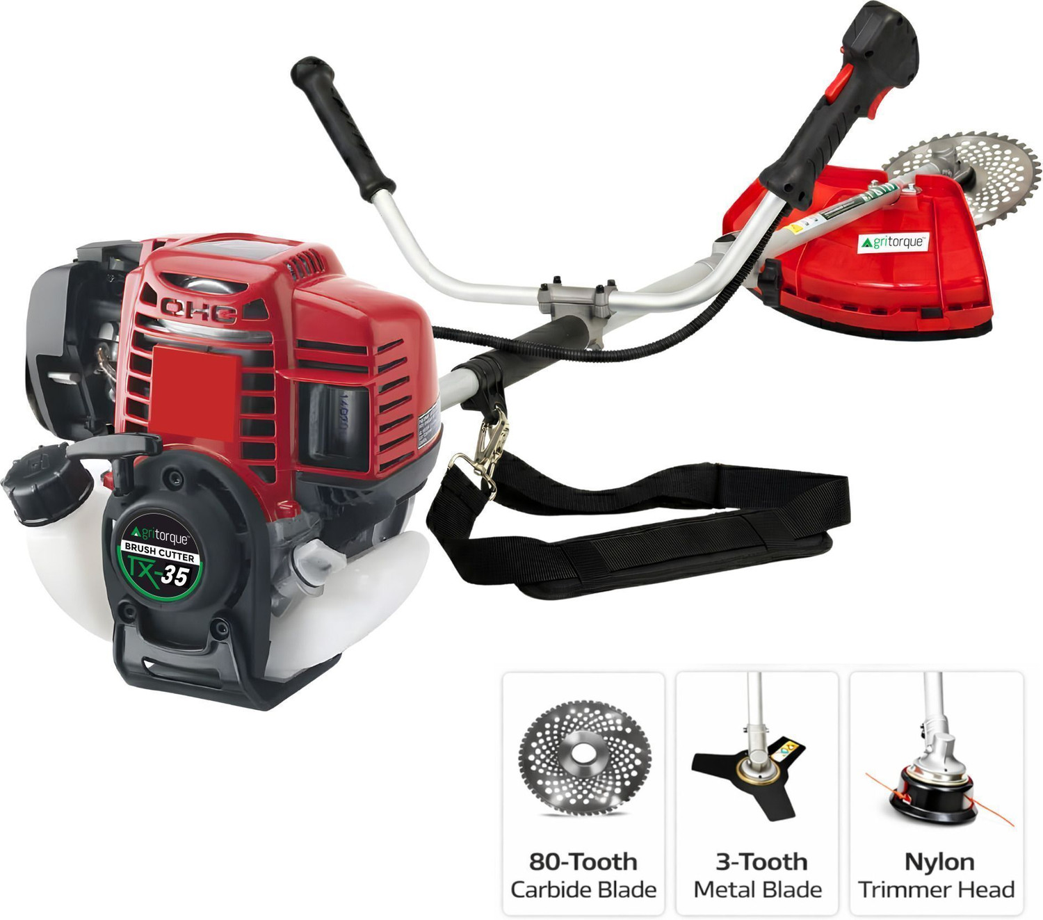 Agritorque TX-35 Pro 35cc 4-Stroke Brush Cutter with 80T, 3T & Tap & Go Blades for Lawn Fuel Grass Trimmer