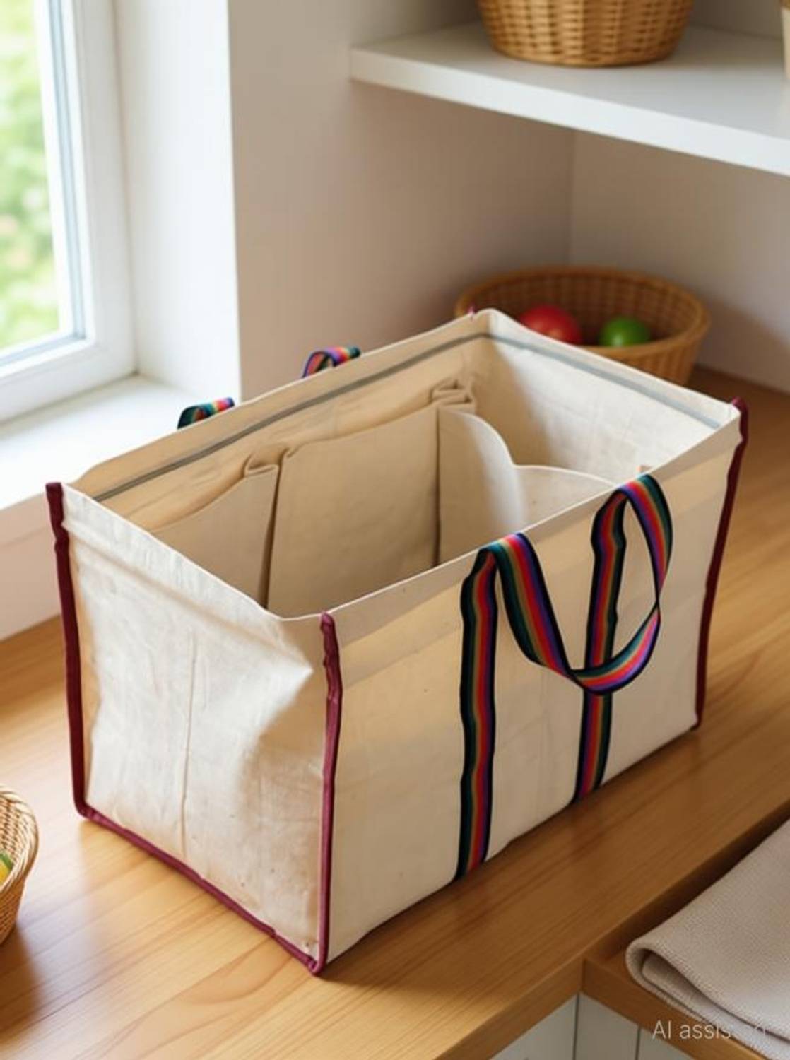 Bag2basic Eco Friendly Reusable Laminated Canvas Bag with 7 Inner Compartments, Large LxWxD 17 x12 x 15 inch Grocery Bag