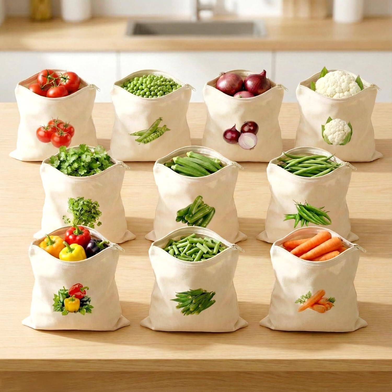 aerrowquick 100% Cotton Reusable Vegetable Bags for Fridge | 12x12 Inches | Pack of 10 Grocery Bags