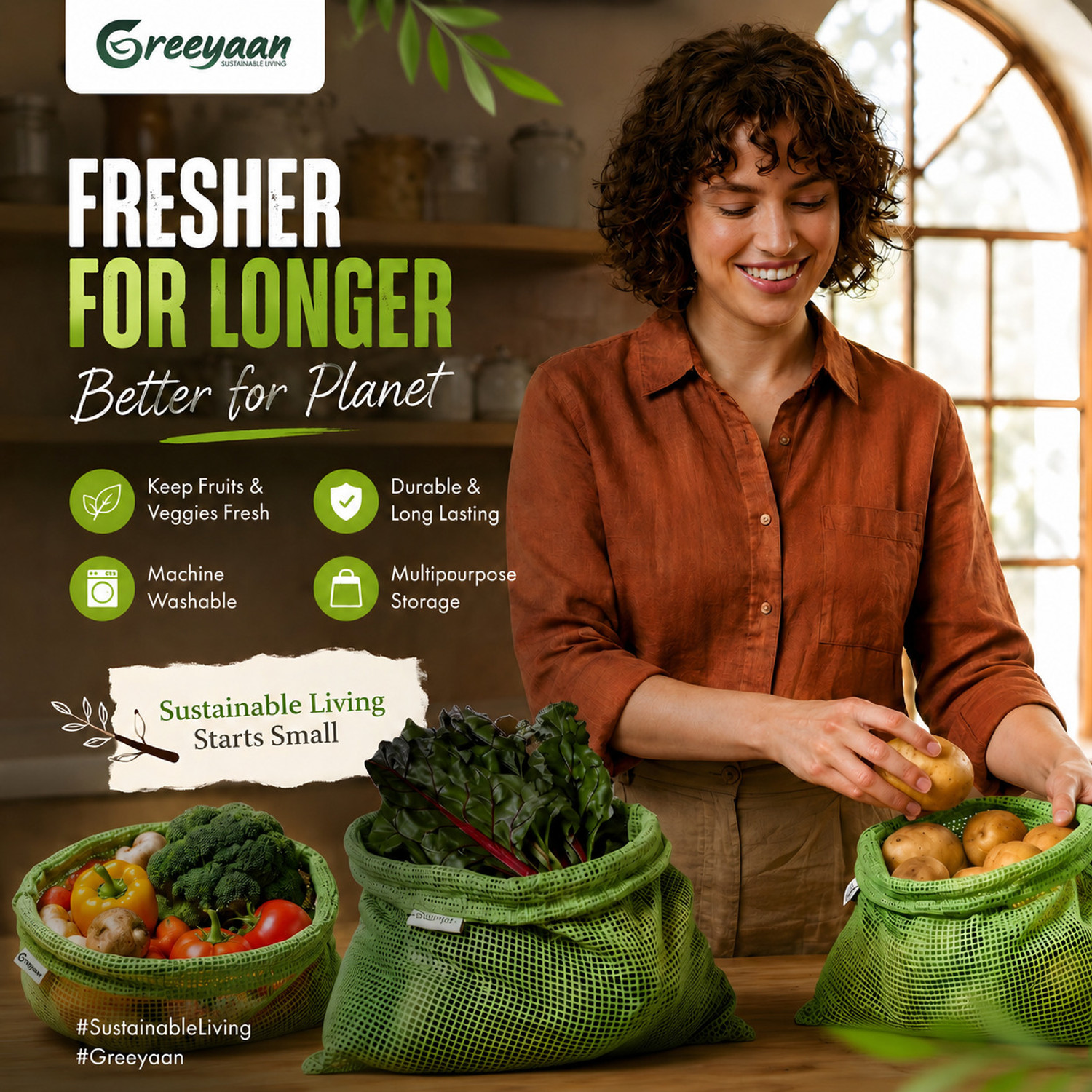 Image of GREEYAAN 100% Cotton Fridge Vegetable Storage Bag Pack of 3 Grocery Bags