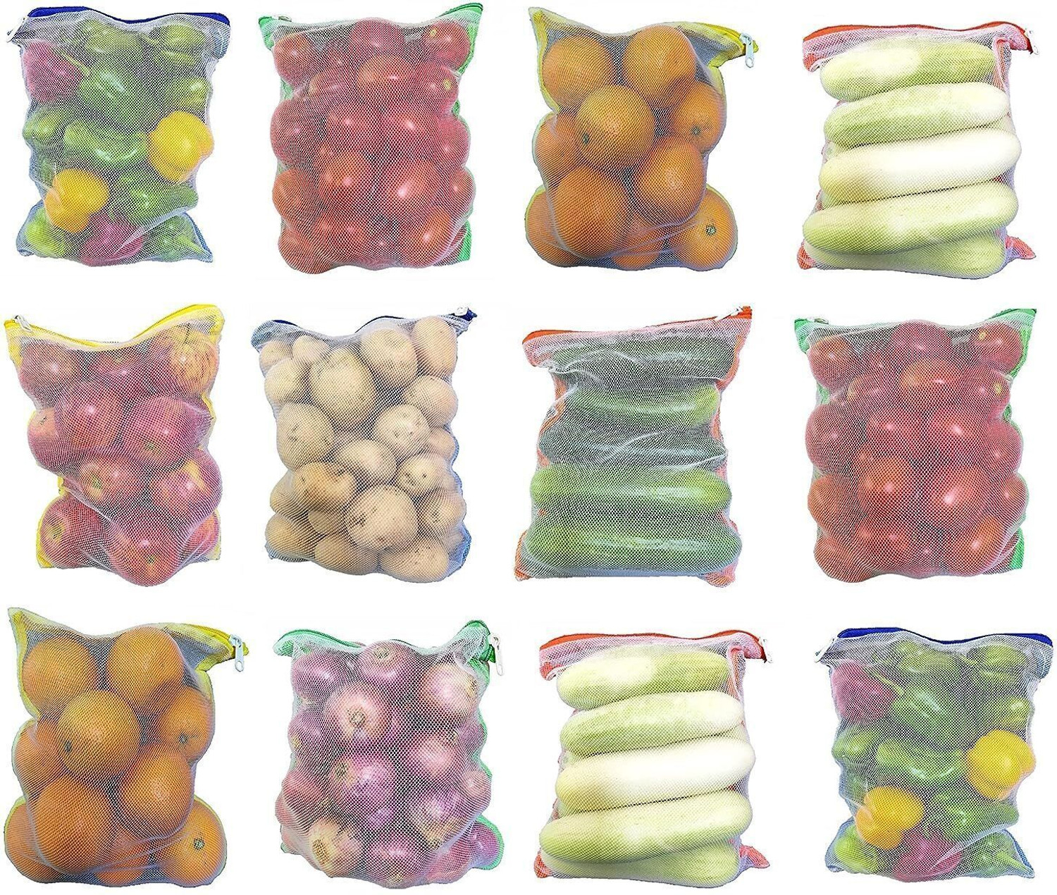 Image of M ENTERPRISE Fridge Vegetable and Fruit Reusable Net Bag Pack of 12 Grocery Bags