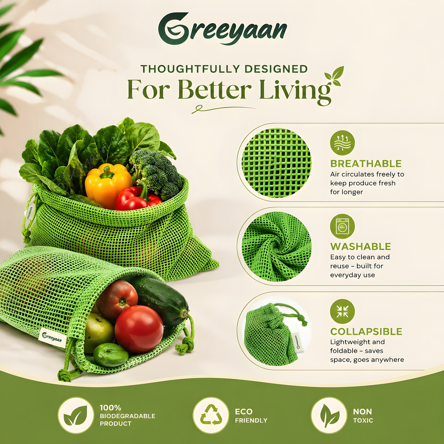 Image of GREEYAAN 100% Cotton Fridge Vegetable Storage Bag Pack of 3 Grocery Bags
