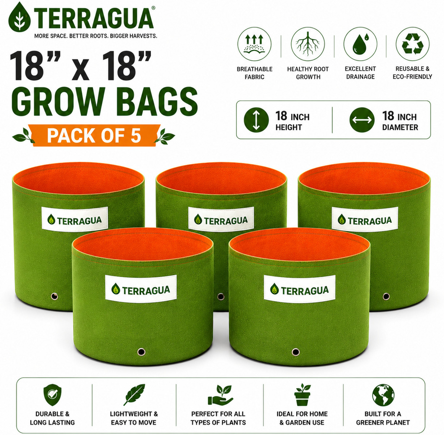 Image of TERRAGUA 18x18 Large Capacity Planting Containers for Terrace Farming 230 GSM Grow Bag