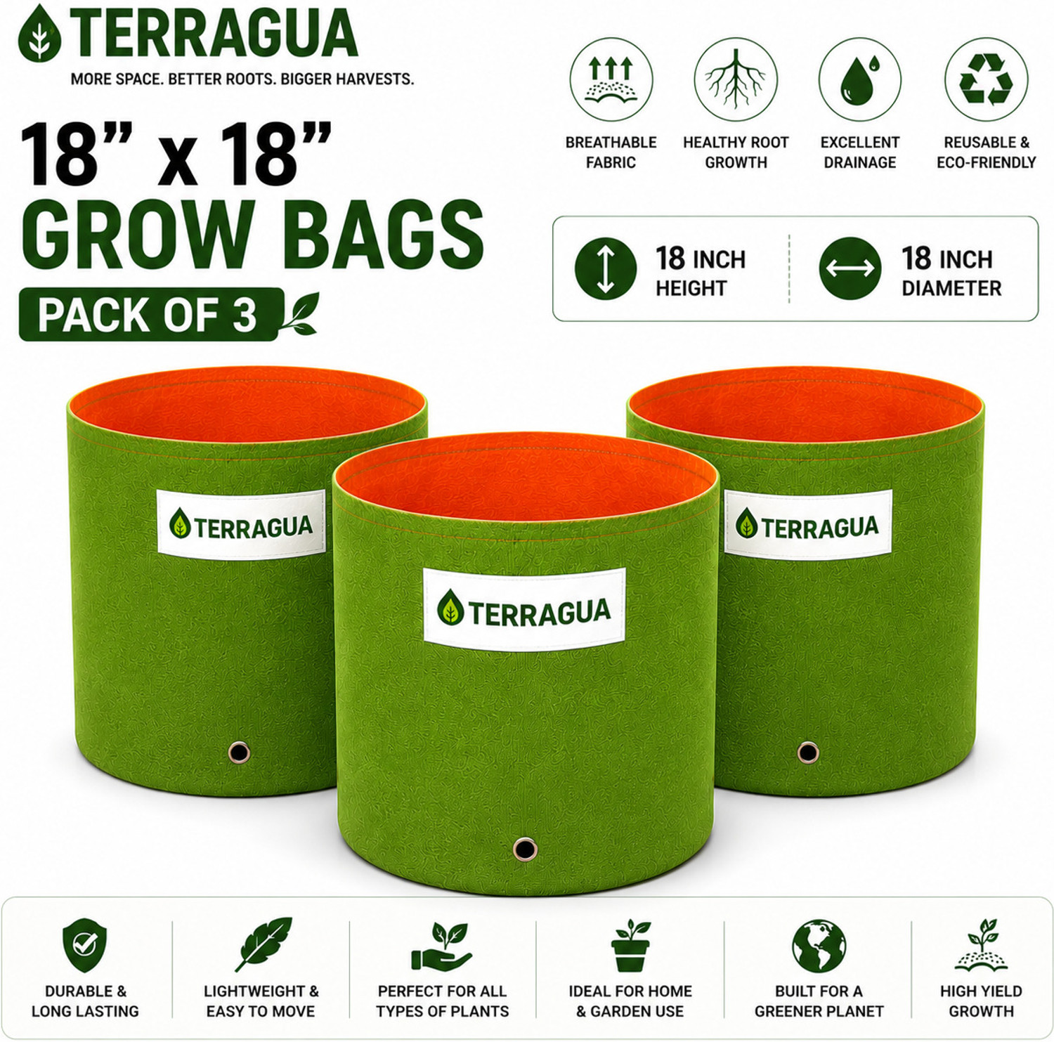 Image of TERRAGUA 18x18 Large Capacity Planting Containers for Terrace Farming 230 GSM Grow Bag