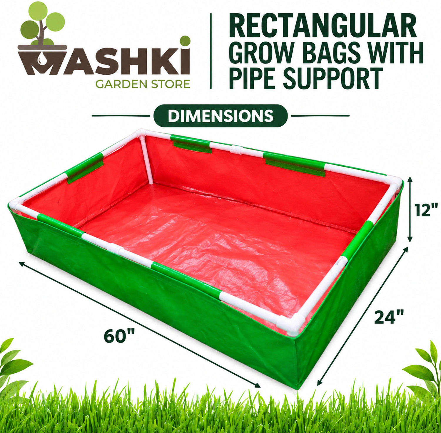 Image of MASHKI 24x60x12 Inches HDPE Rectangular Grow bag, 250 GSM-UV Treated, with PVC Support Pipe Grow Bag