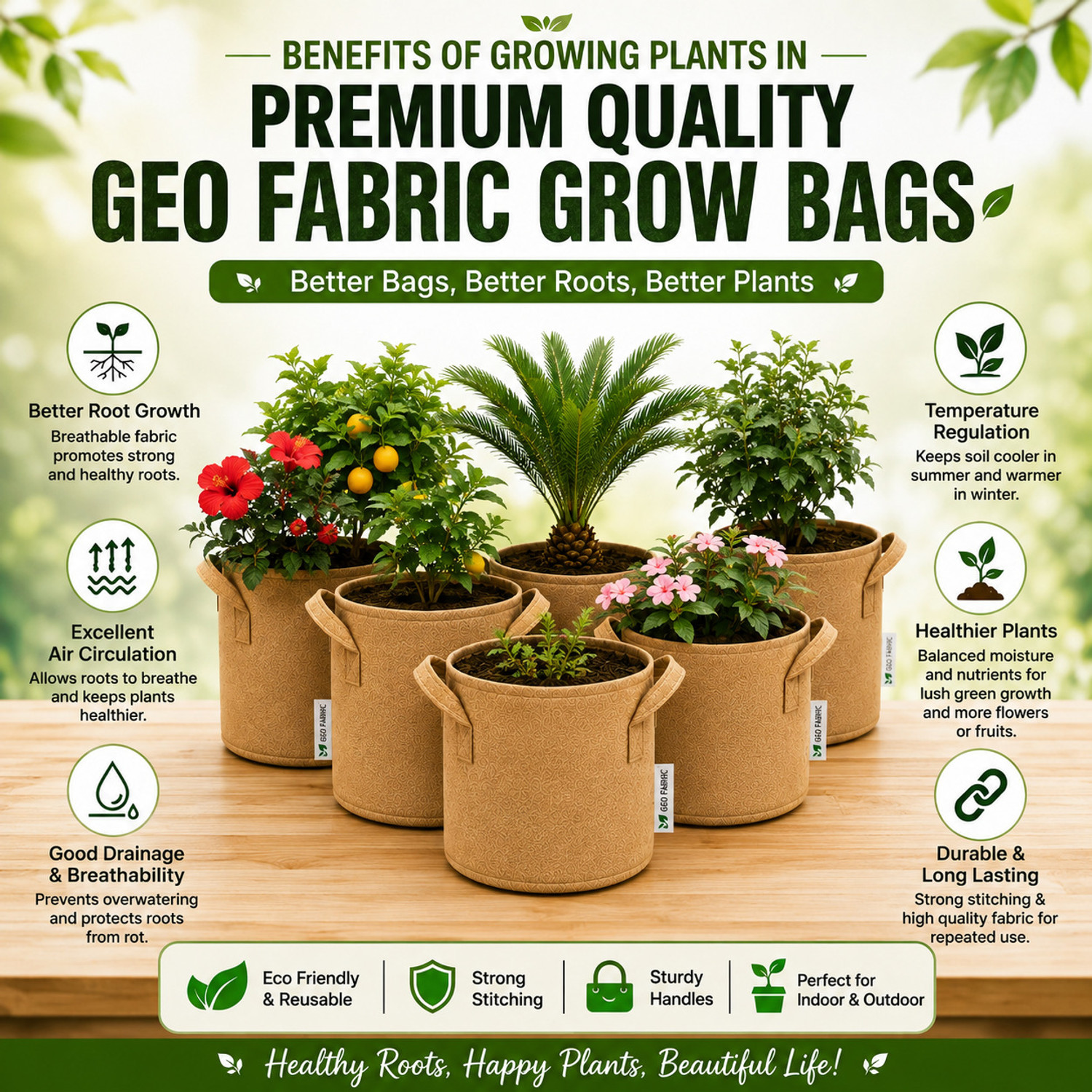 Image of GEO CRAFTED 15*15 INCH Premium Quality Geo Fabric Planters for Flower,Veggies & Fruit Plants Grow Bag