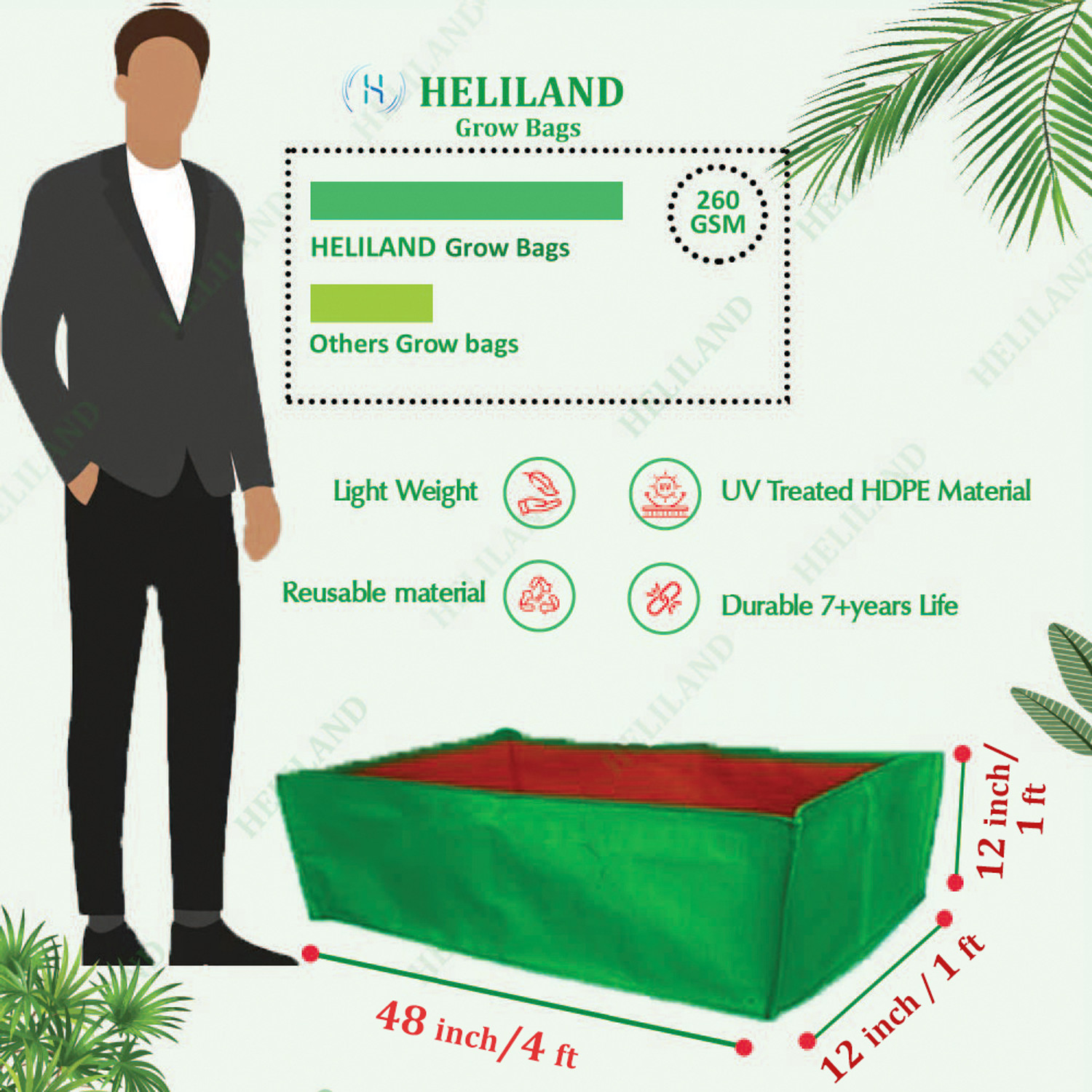 Image of heliland plant bag 48x12x12 in pack 1, plant growing plastic bag, rectangular grow bags Grow Bag